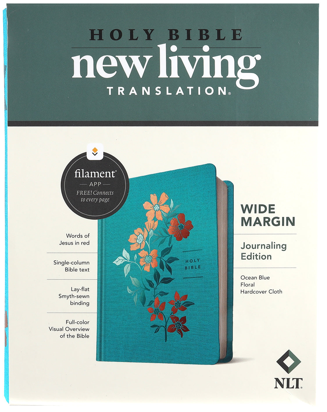 NLT Wide Margin Bible with Ocean Blue Floral design, filament enabled edition, red letter edition.