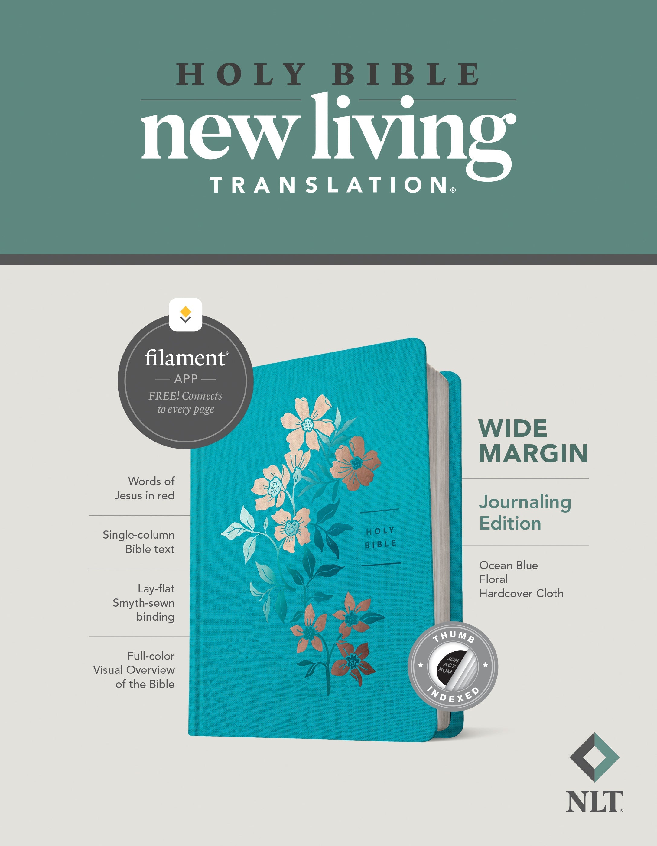 NLT Wide Margin Bible with Ocean Blue Floral design and filament enabled edition