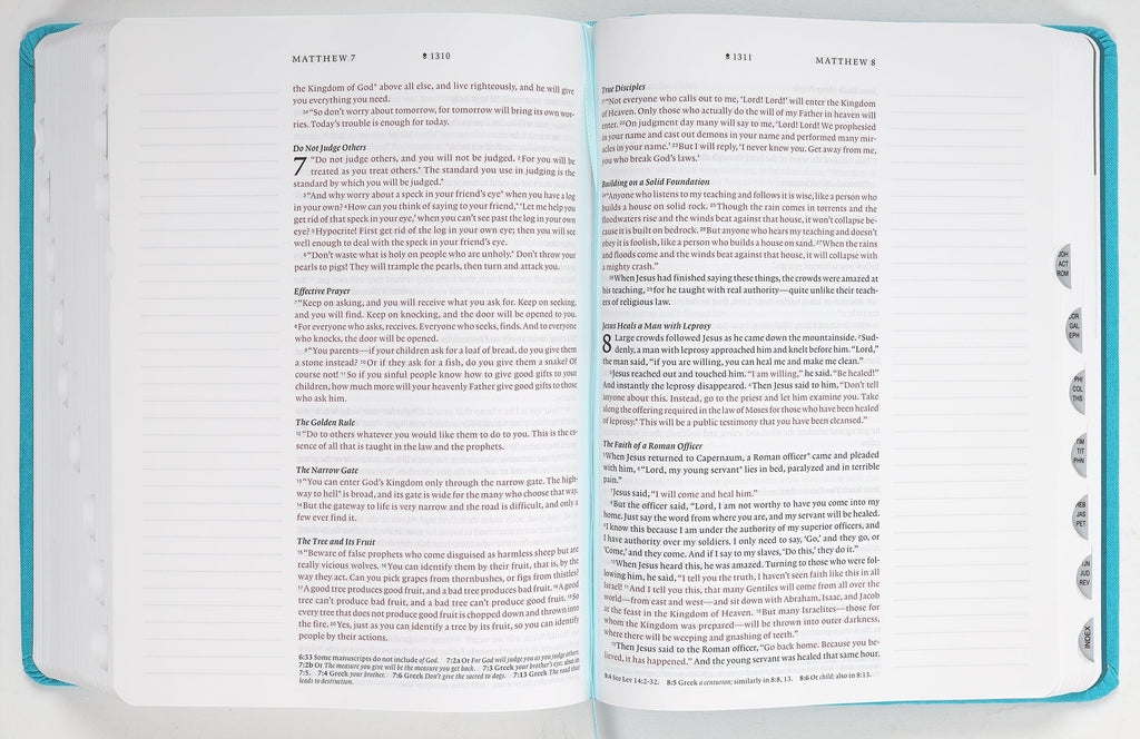 NLT Devotional Journaling Bible showcasing ocean blue floral indexed red letter edition