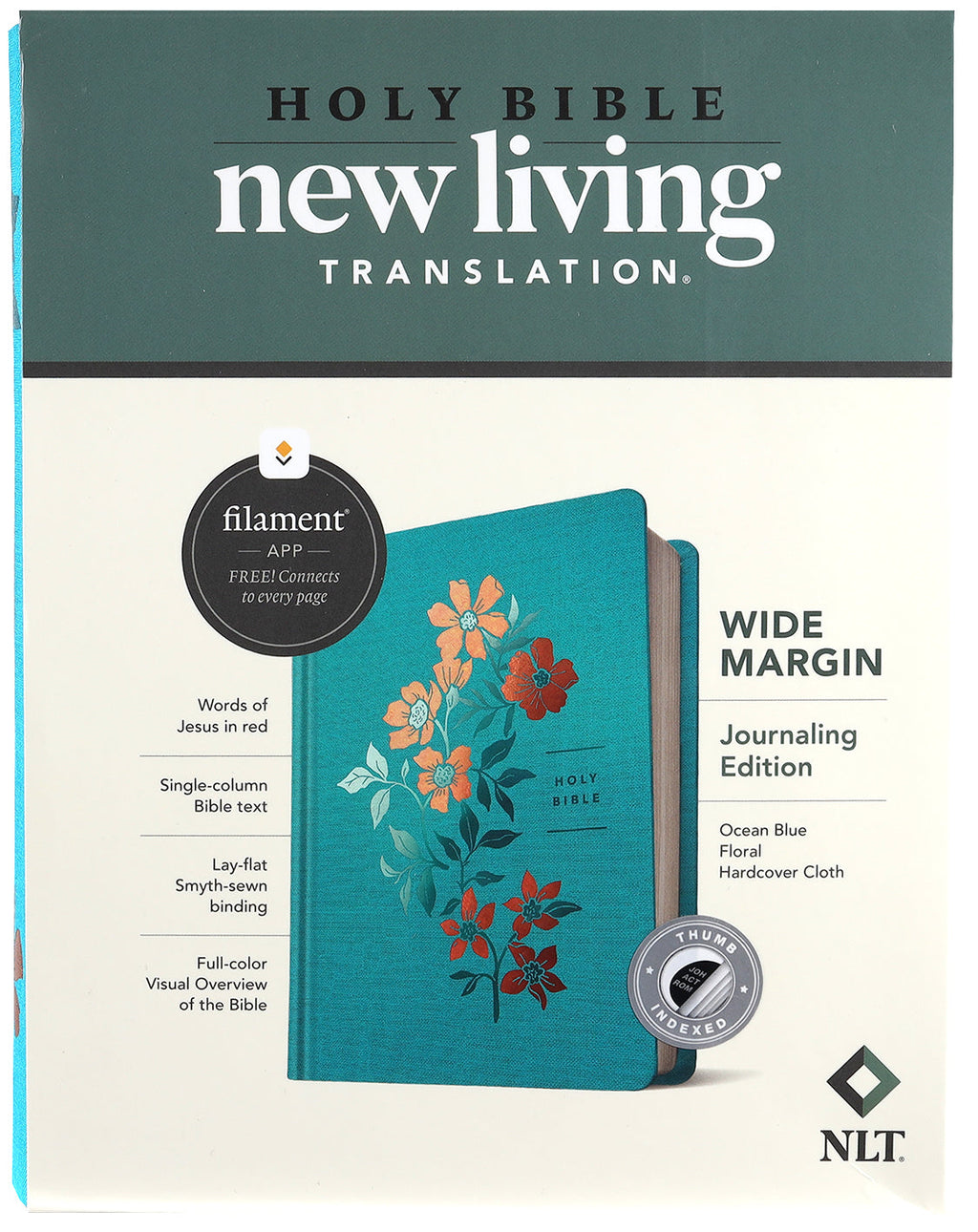 Close-up of NLT Devotional Journaling Bible with ocean blue floral indexed red letter text