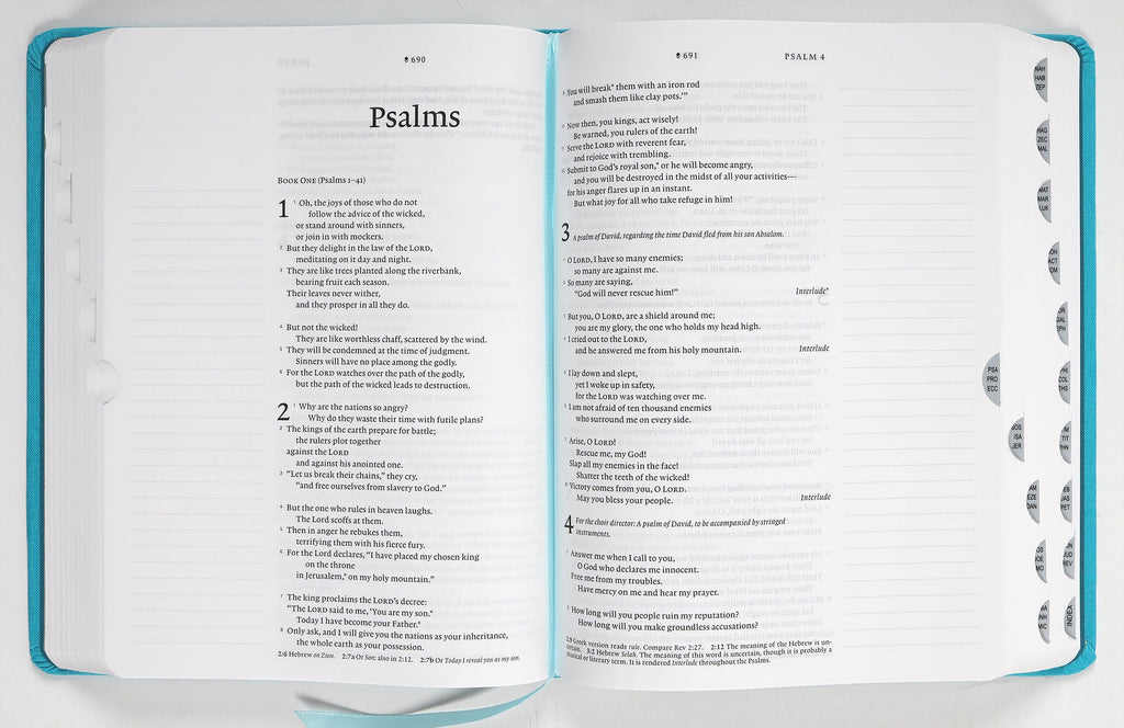 NLT Wide Margin Bible with Ocean Blue Floral design and filament enabled edition, highlighting its margin space