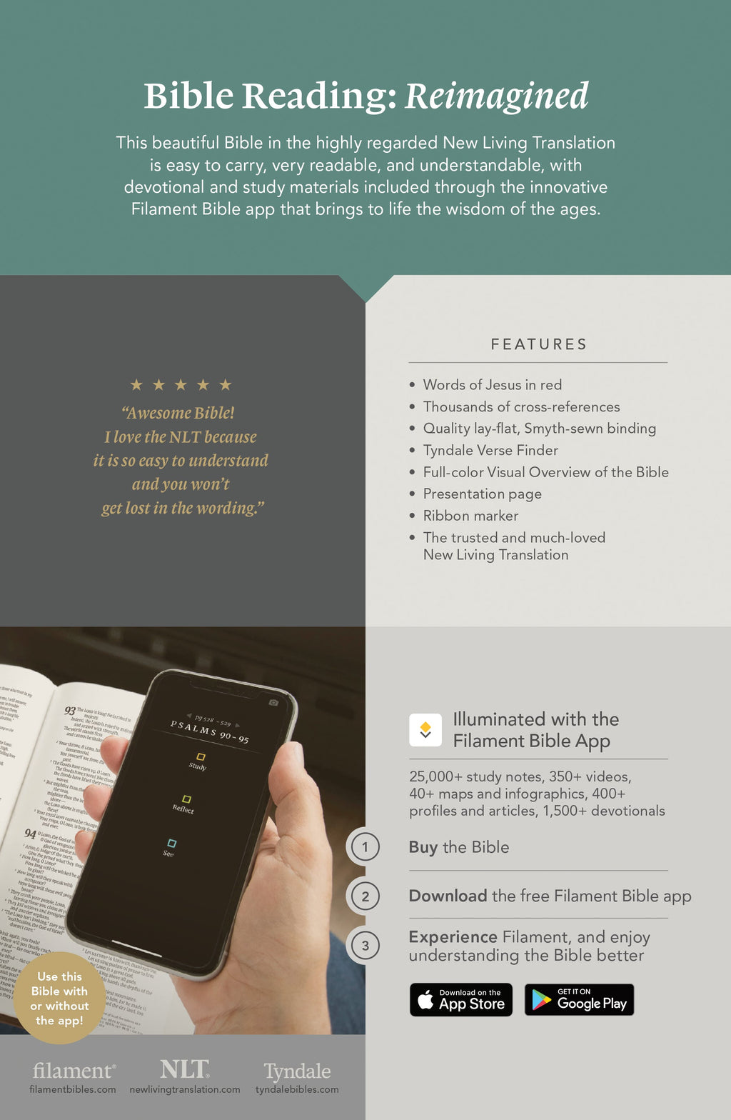 NLT Thinline Reference Bible, Filament Enabled Edition, Sage Dayspring Signature Collection, Red Letter Edition