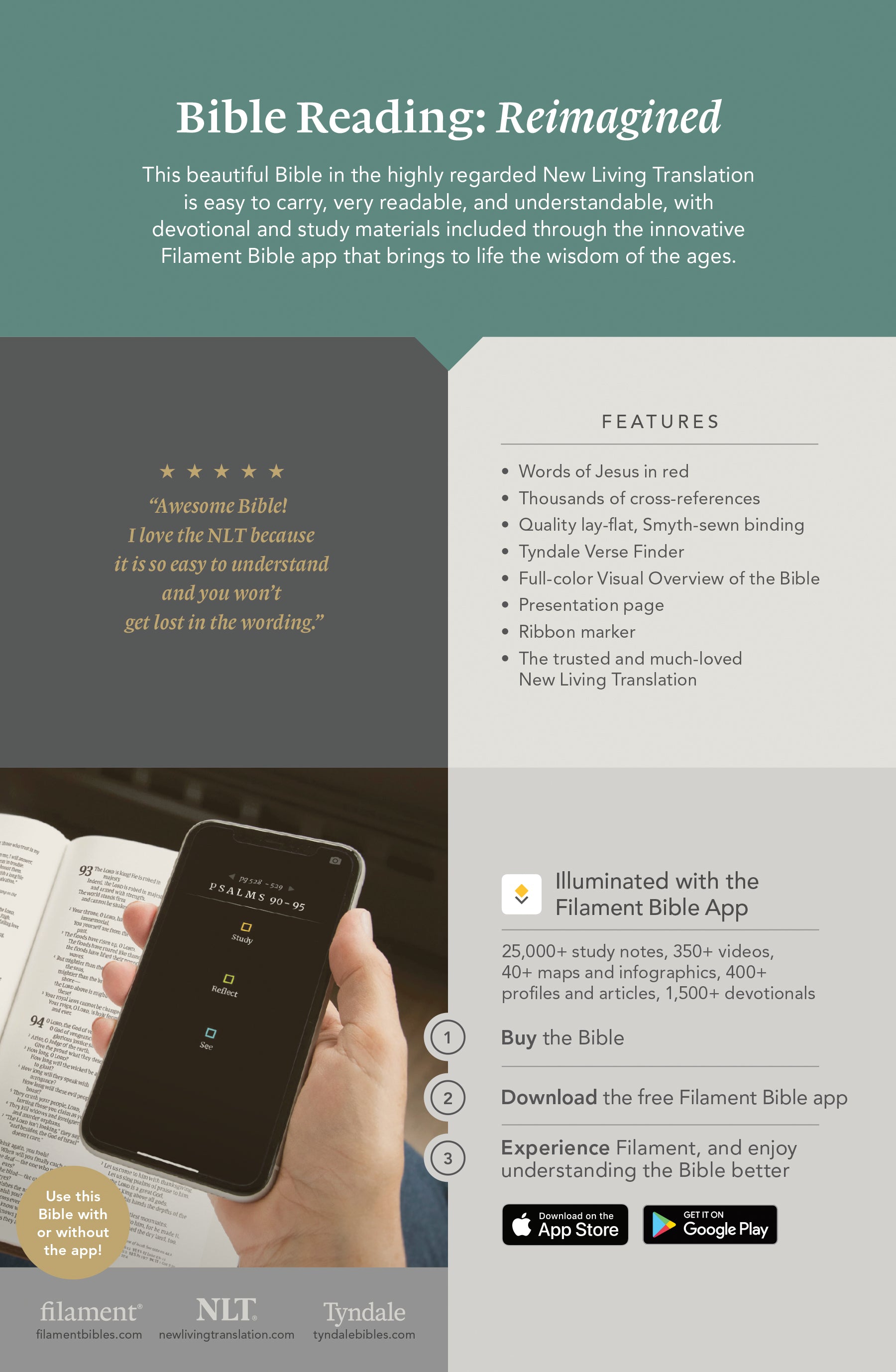 NLT Thinline Reference Bible, Filament Enabled Edition, Sage Dayspring Signature Collection, Red Letter Edition
