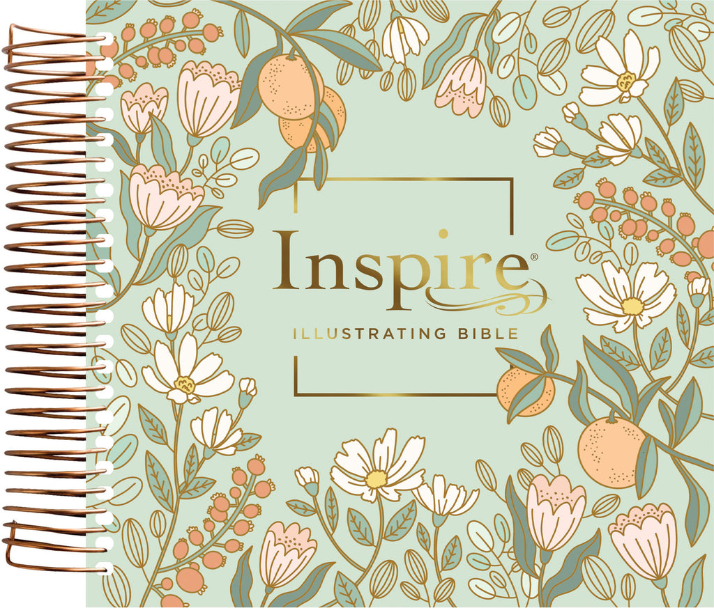 Back cover of the NLT Inspire Devotional Journaling Bible for Women with mint floral garden illustrations