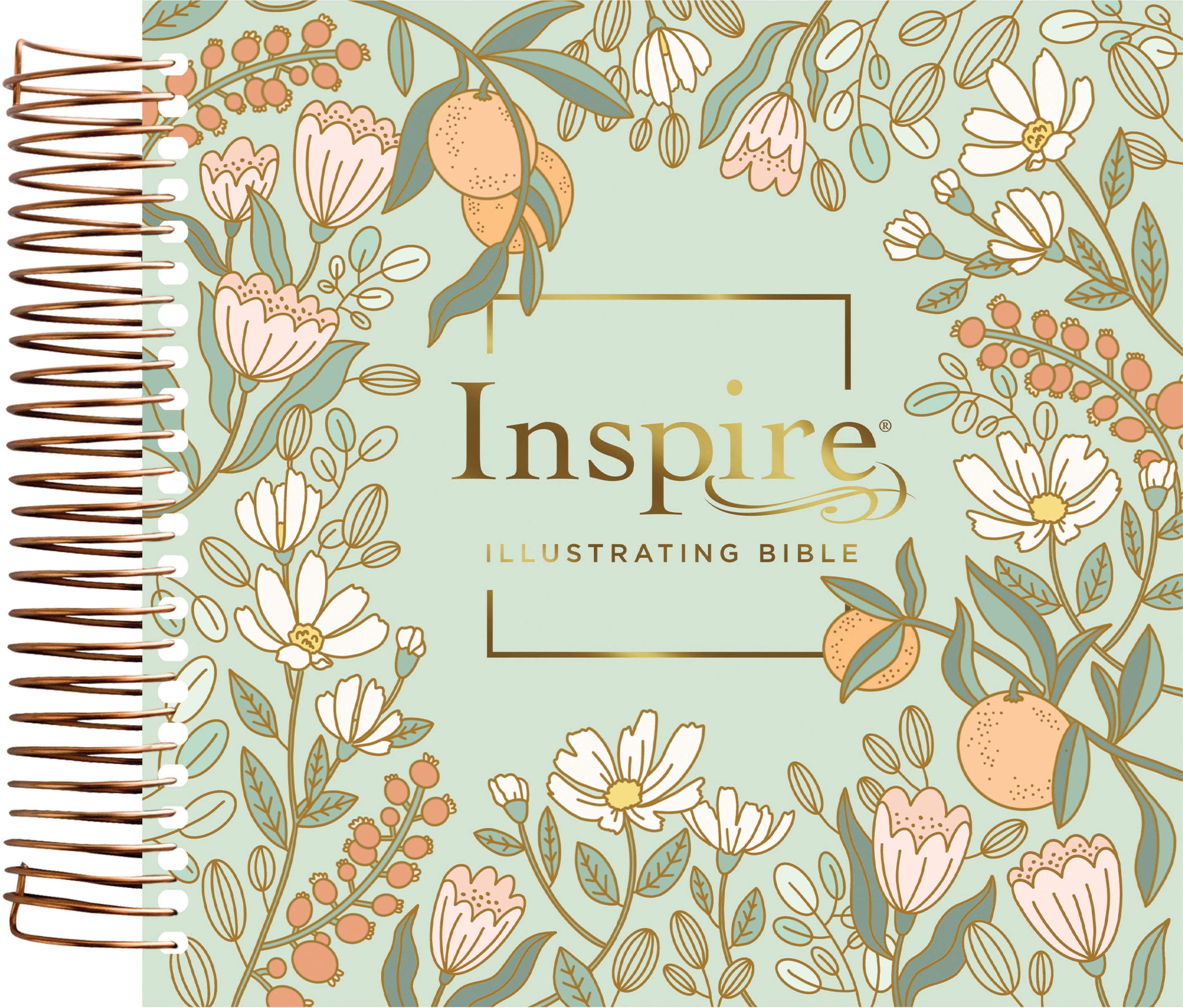 Back cover of the NLT Inspire Devotional Journaling Bible for Women with mint floral garden illustrations