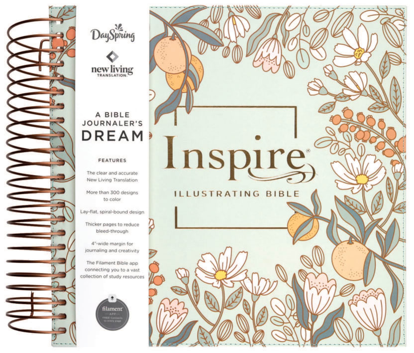 NLT Inspire Devotional Journaling Bible for Women featuring mint floral garden illustrations