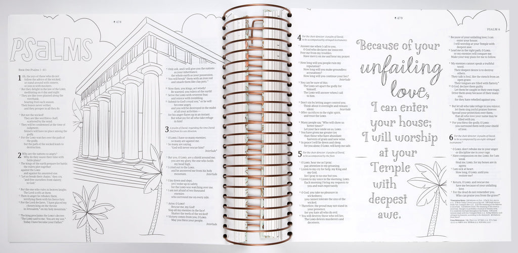 Front cover of the NLT Inspire Devotional Journaling Bible for Women with mint floral garden illustrations