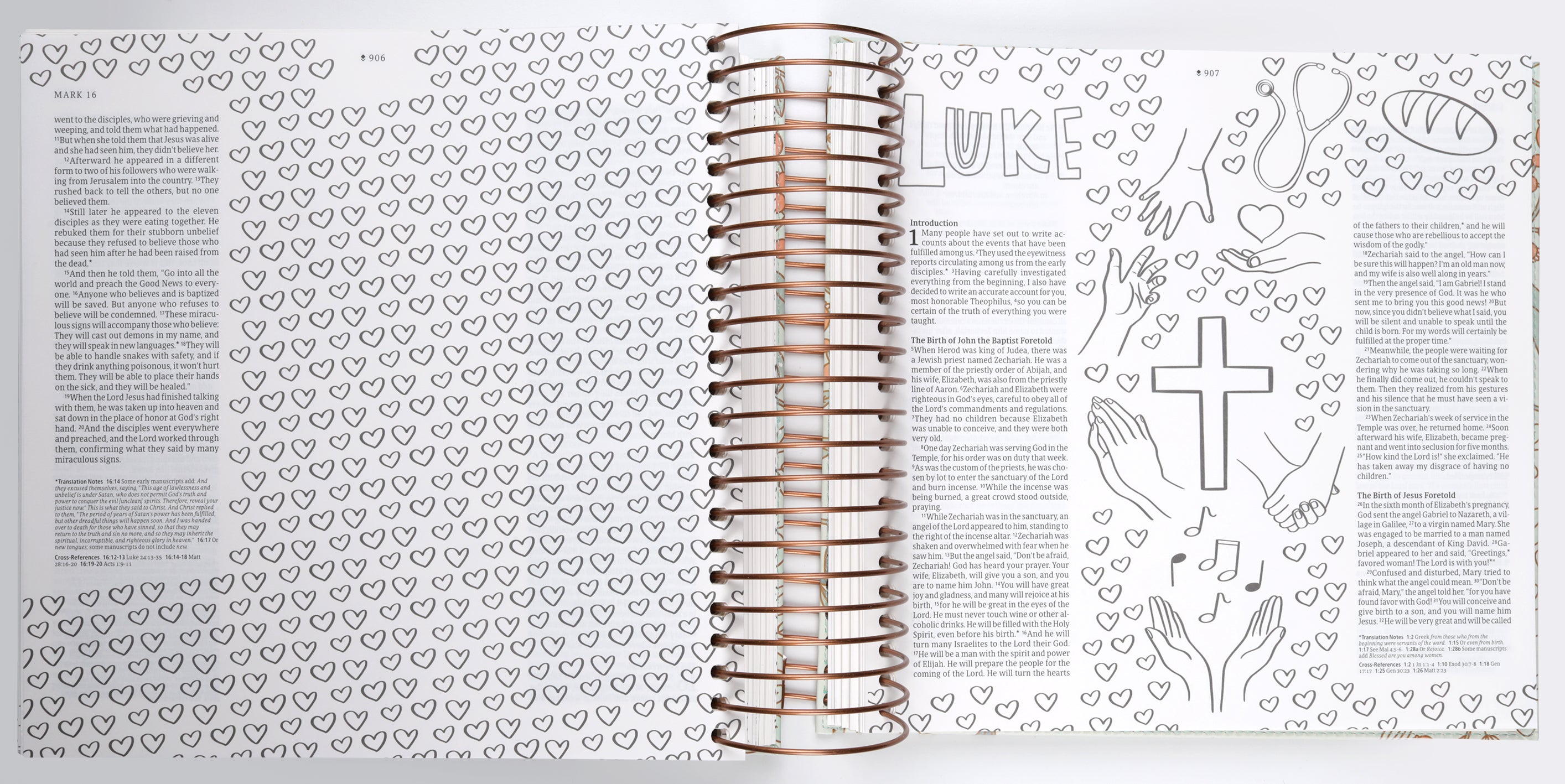 Inside pages of the NLT Inspire Devotional Journaling Bible for Women with mint floral garden illustrations