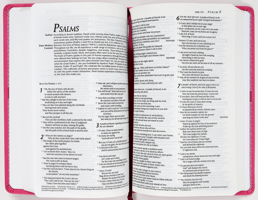 NLT Premium Gift Bible Red Letter Edition with Very Berry Pink Vines open to scripture