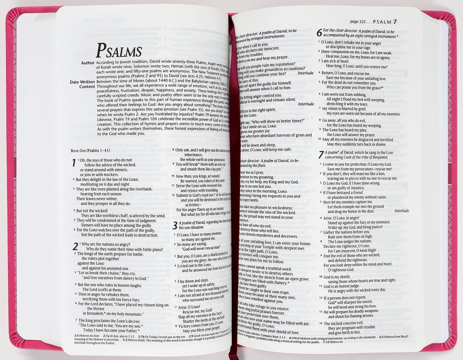 NLT Premium Gift Bible Red Letter Edition with Very Berry Pink Vines open to scripture