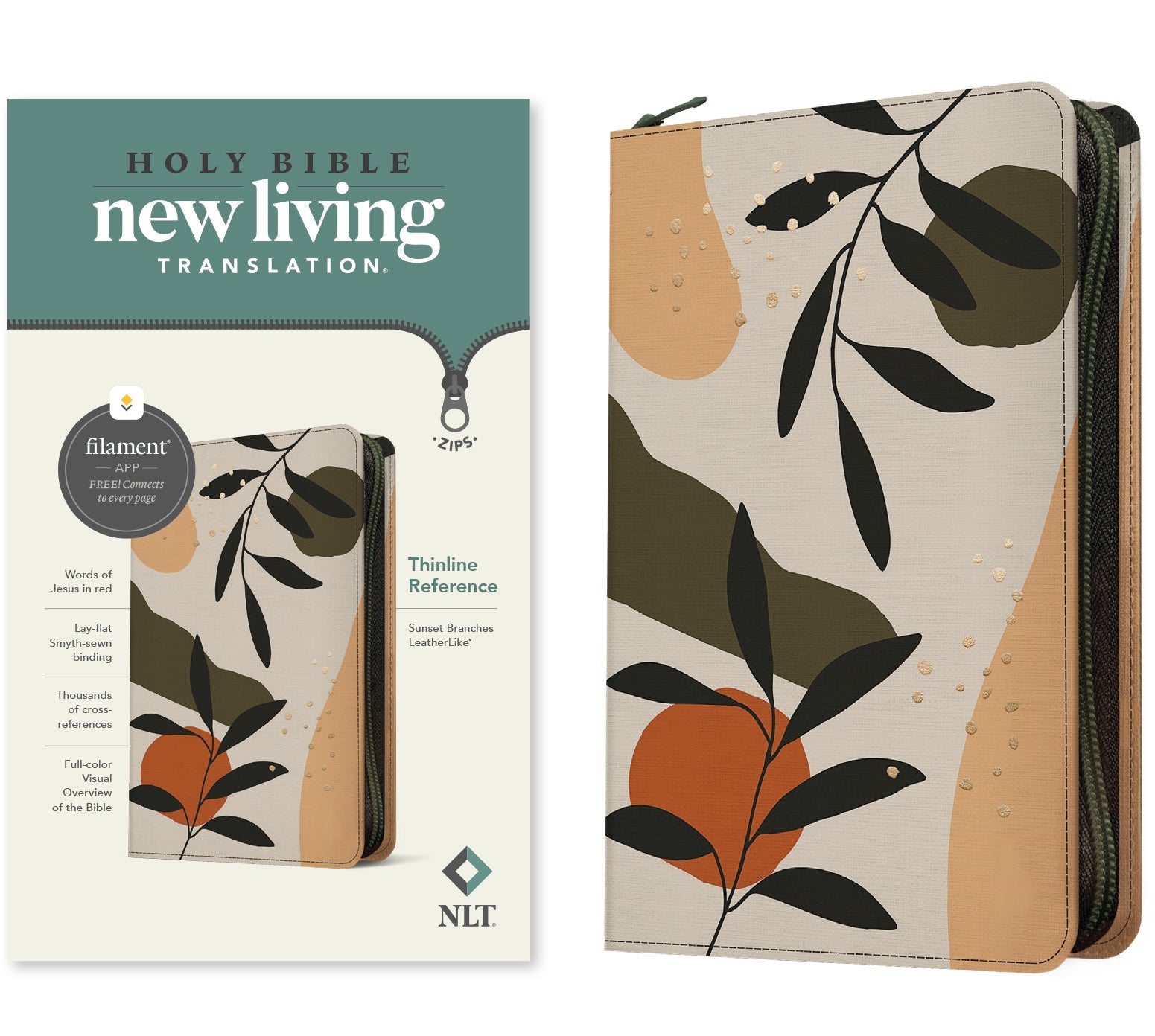 NLT Thinline Reference Zipper Bible Filament Enabled Edition with red letter edition and sunset branches design