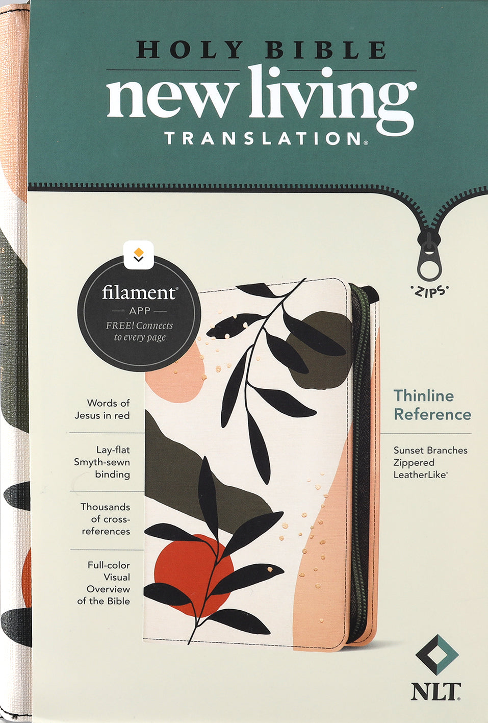 NLT Thinline Reference Zipper Bible Filament Enabled Edition with red letter edition and sunset branches design
