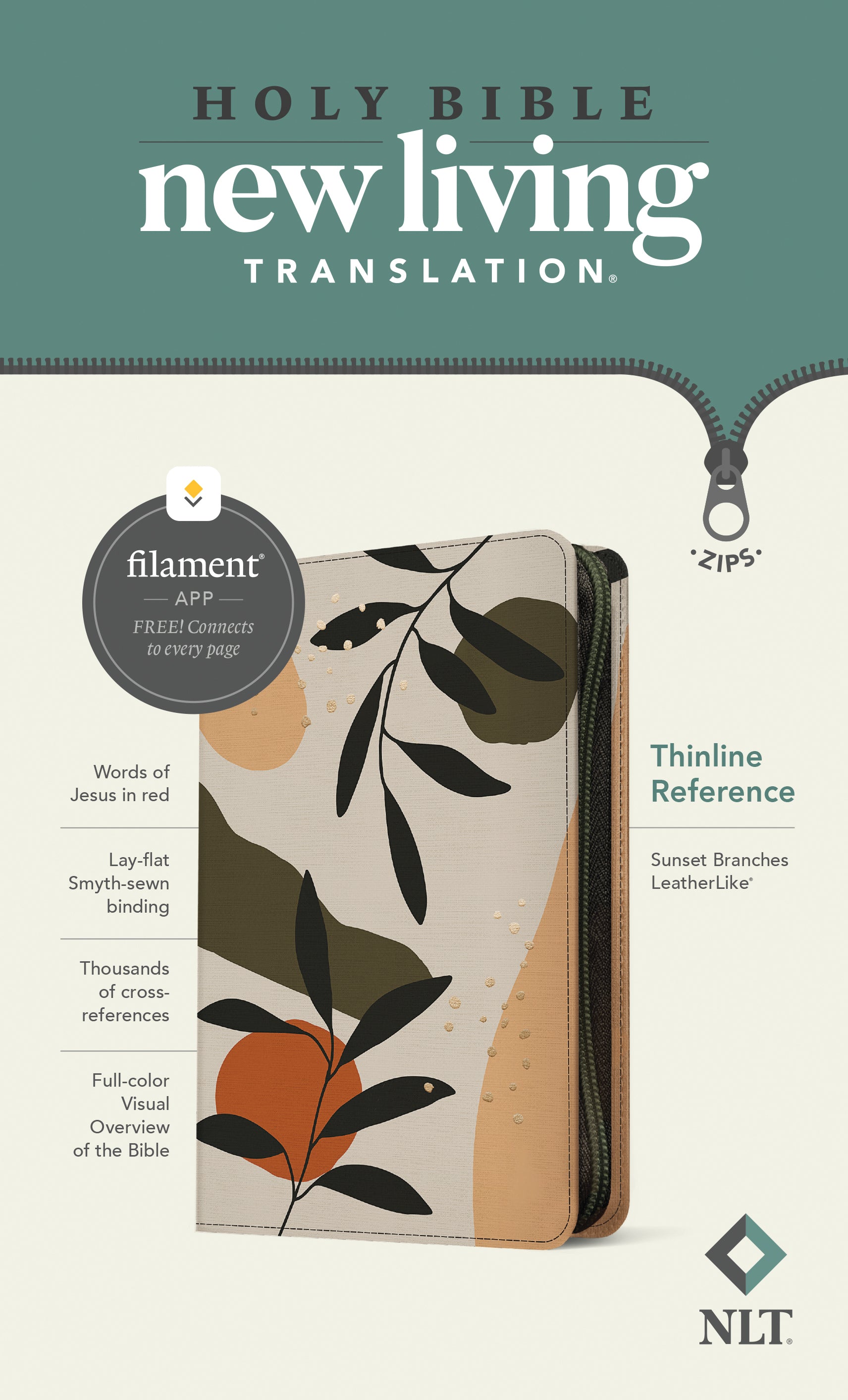 NLT Thinline Reference Zipper Bible Filament Enabled Edition with red letter edition and sunset branches design