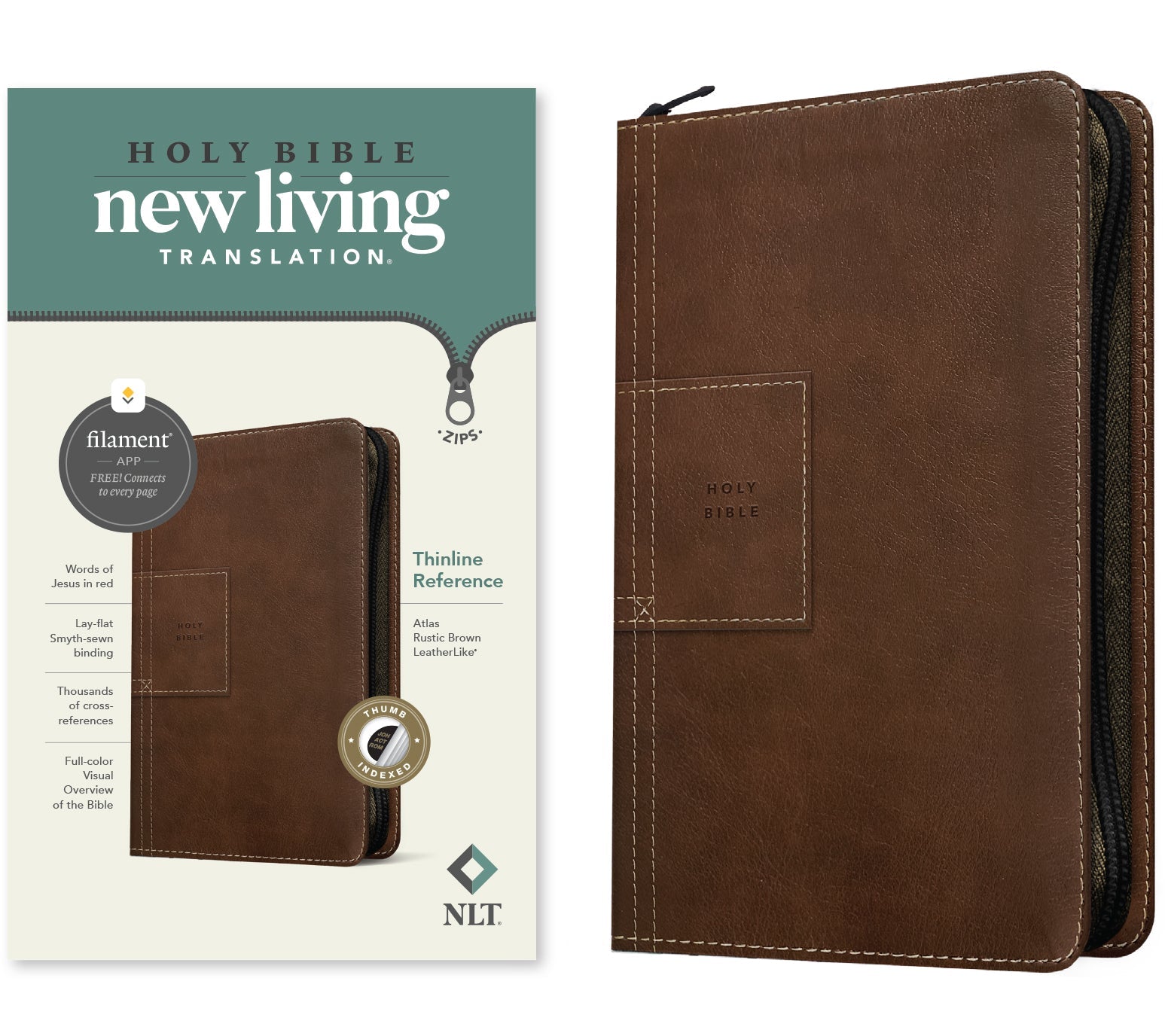 NLT Thinline Reference Zipper Bible Filament Enabled Edition Atlas Rustic Brown Indexed (Red Letter Edition)