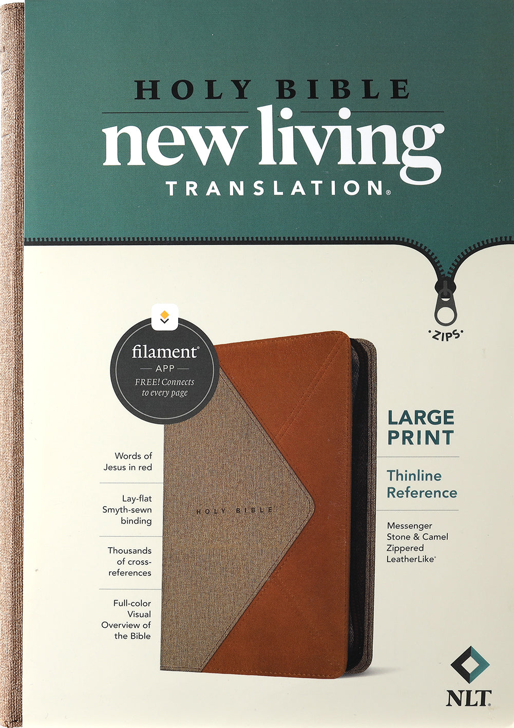 NLT New Living Translation Large Print Thinline Reference Zipper Bible in Messenger Stone/Camel