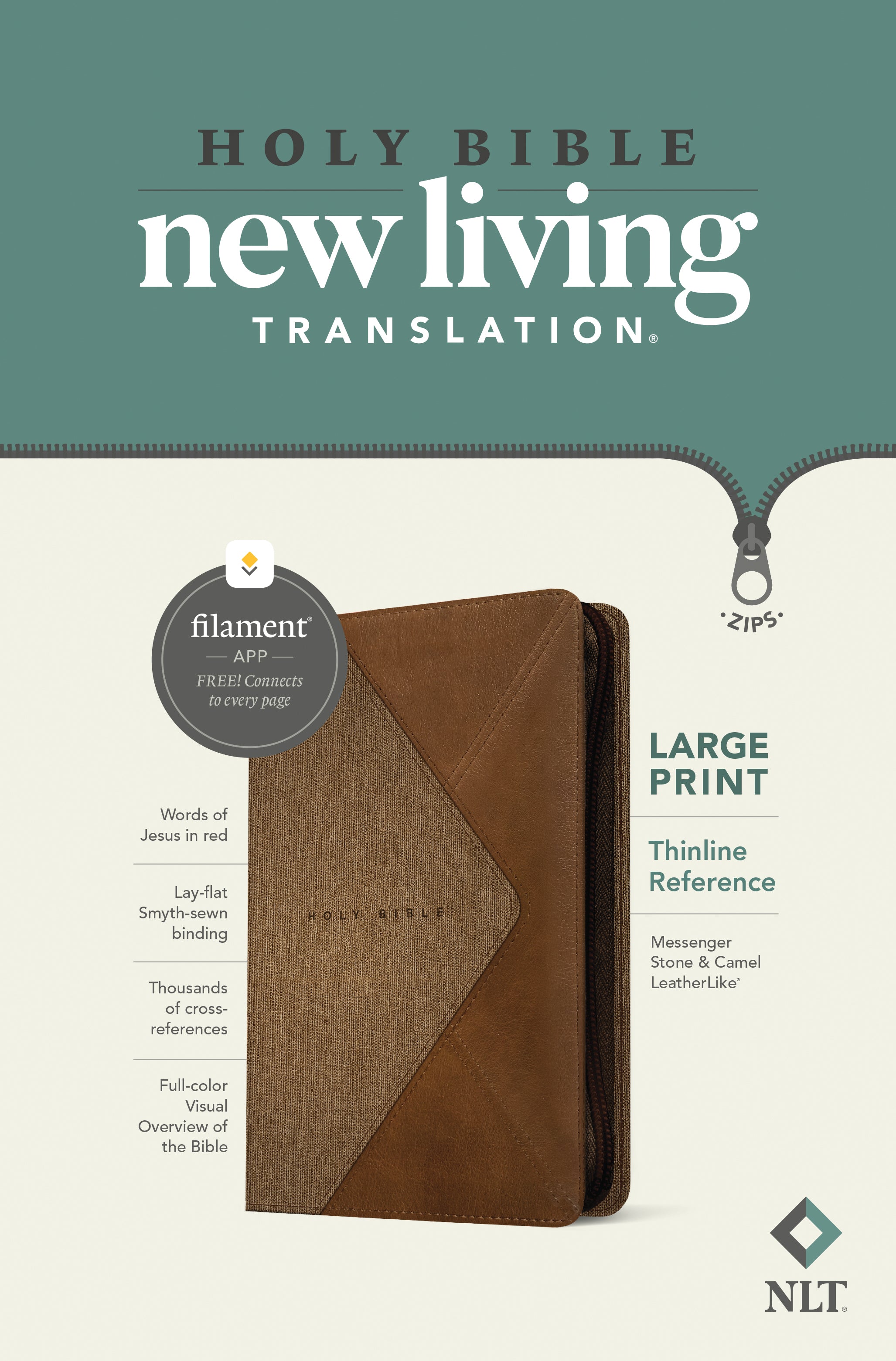 NLT New Living Translation Large Print Thinline Reference Zipper Bible with Filament Enabled Edition
