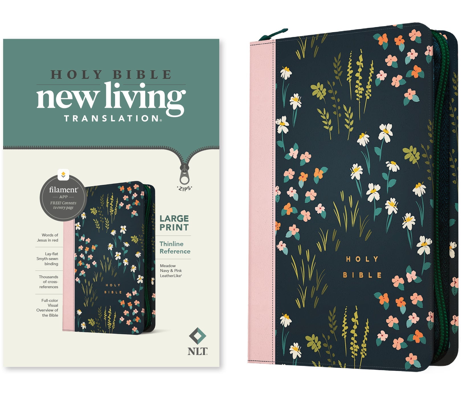 NLT large print thinline reference Bible features filament enabled technology and a navy and pink cover