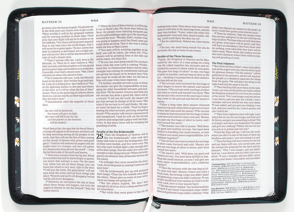 NLT thinline Bible with large print, filament enabled technology and a navy and pink cover