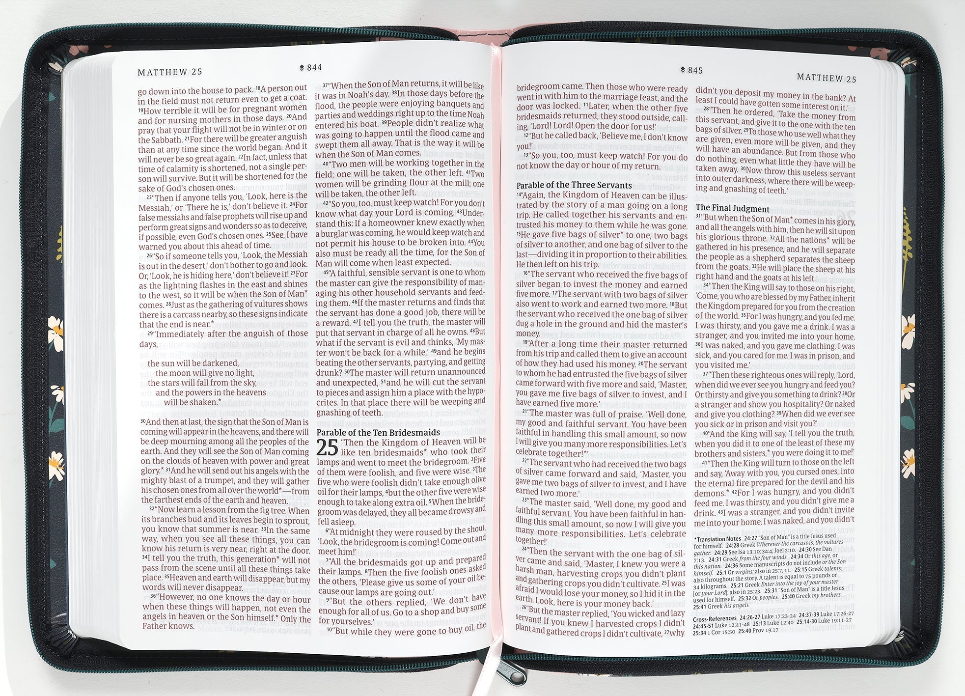 NLT thinline Bible with large print, filament enabled technology and a navy and pink cover