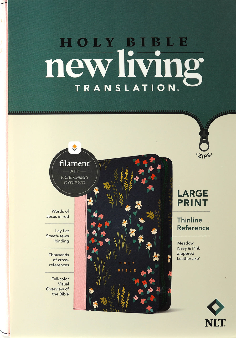 Large print thinline reference Bible with filament enabled technology, navy and pink cover