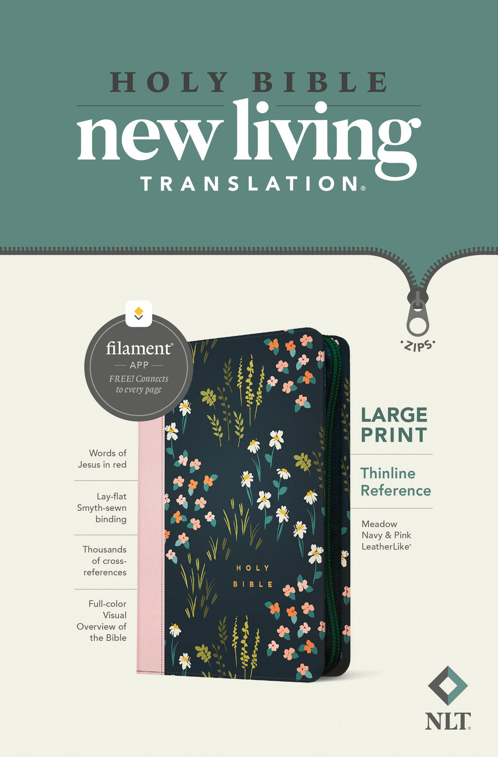 Thinline reference Bible with large print, filament enabled technology and navy and pink cover