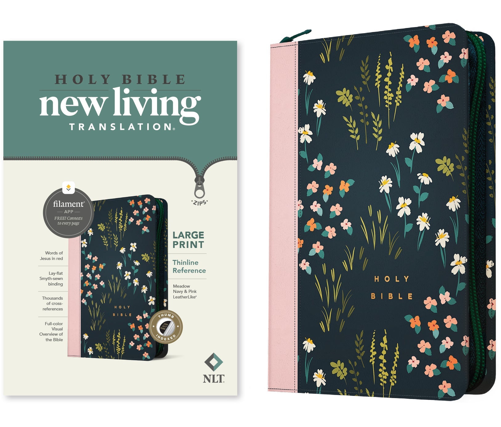 NLT Large Print Thinline Reference Zipper Bible Filament Enabled Edition Meadow Navy/Pink Indexed (Red Letter Edition)