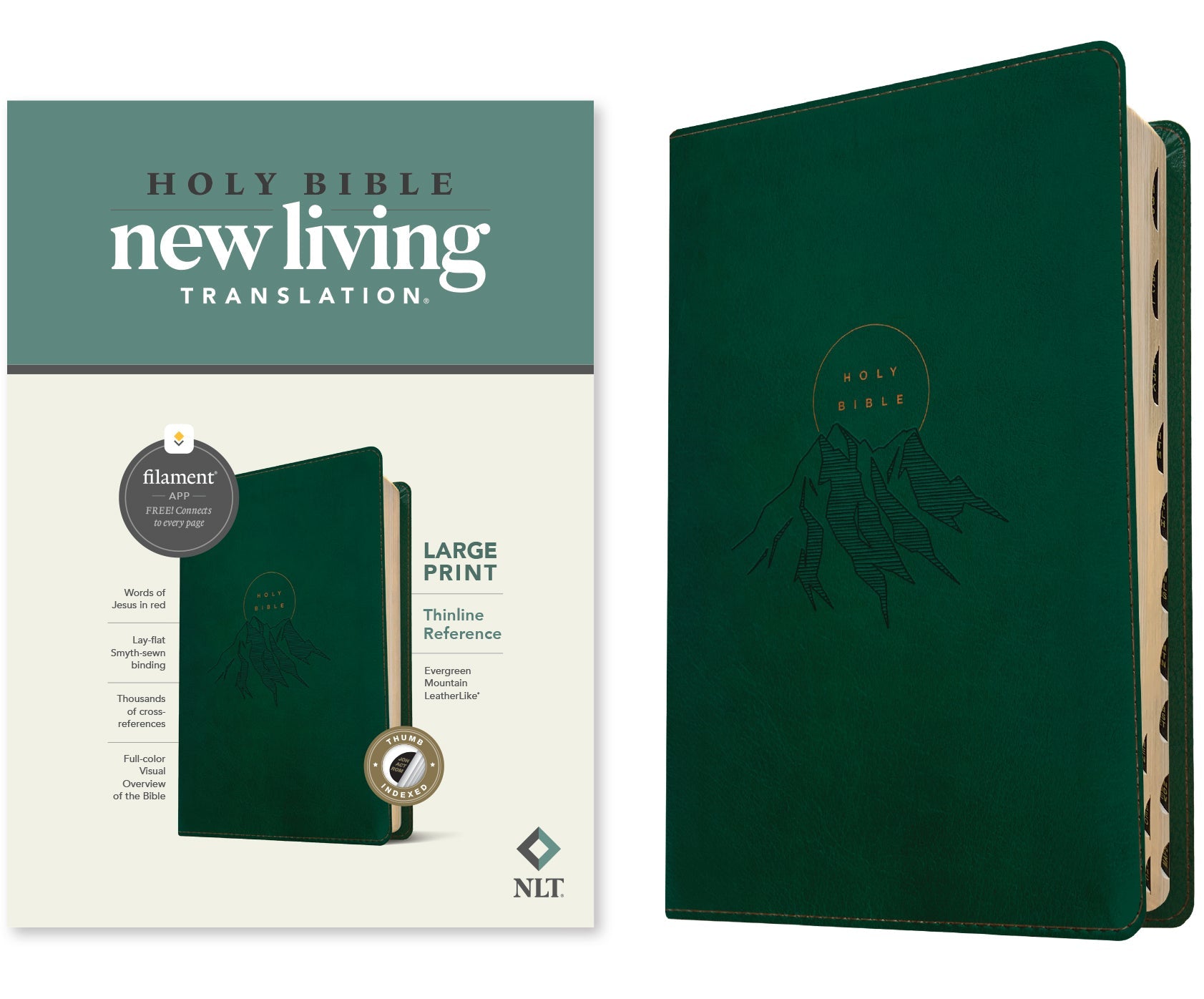 NLT Large Print Thinline Reference Bible Filament Enabled Edition Evergreen Mountain Indexed (Red Letter Edition)