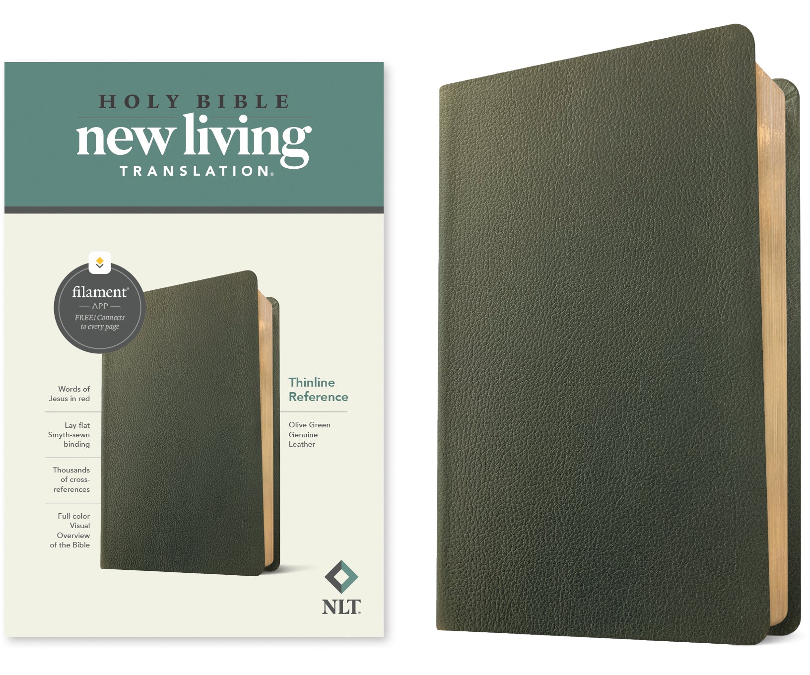 NLT Thinline Reference Bible with Filament Enabled Edition features and olive green leather cover