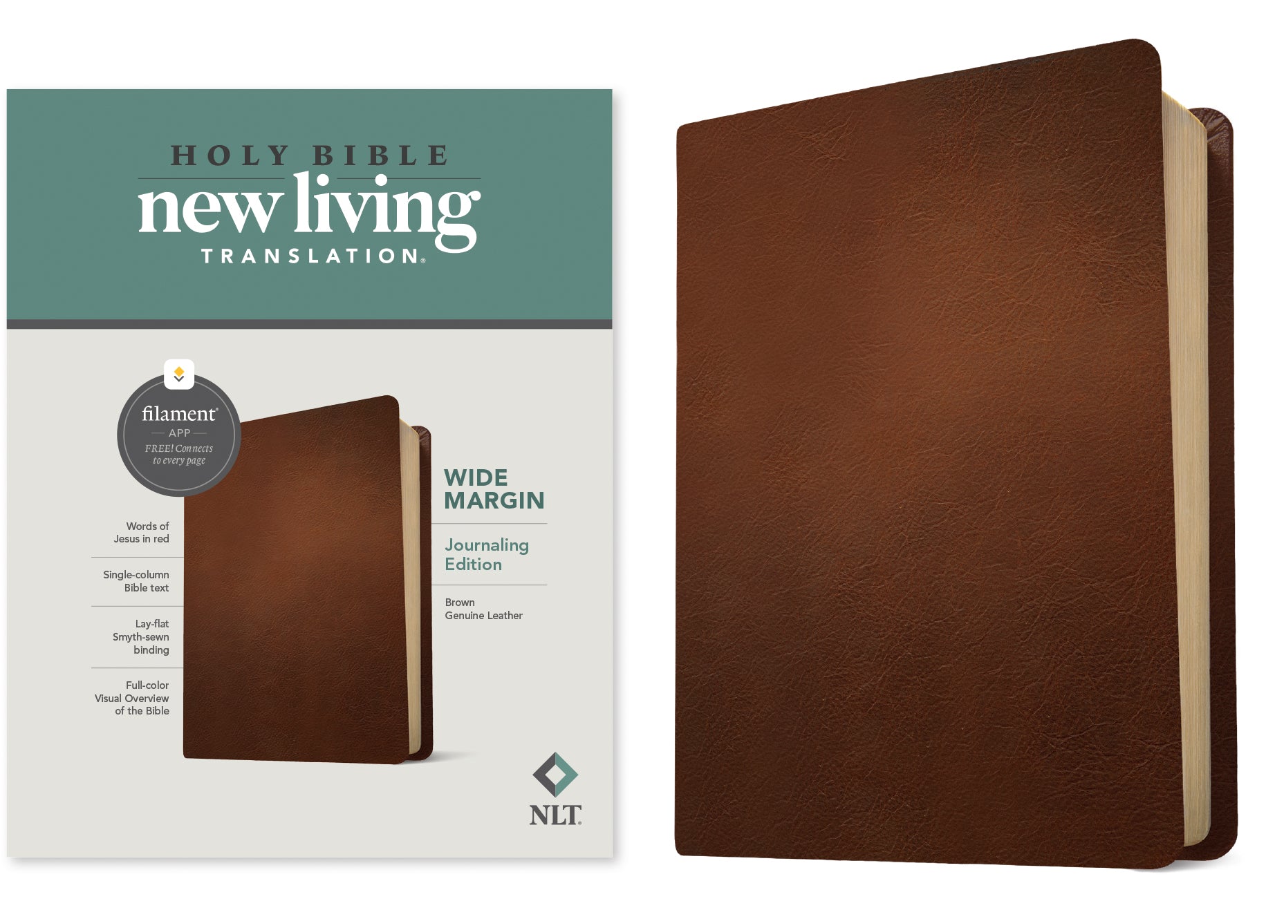 NLT Devotional Journaling Bible with Wide Margin and Red Letter Edition in Brown Leather Tone.