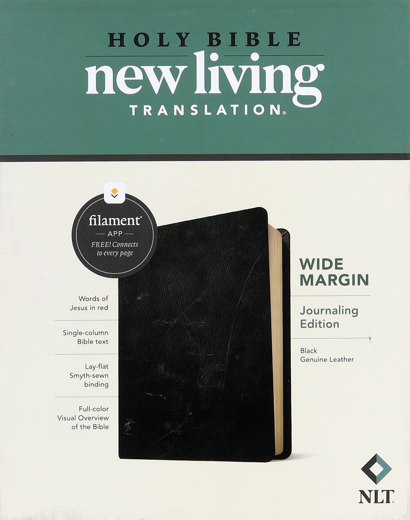 NLT Wide Margin Bible with red letter edition and black cover, featuring wide margins for notes.