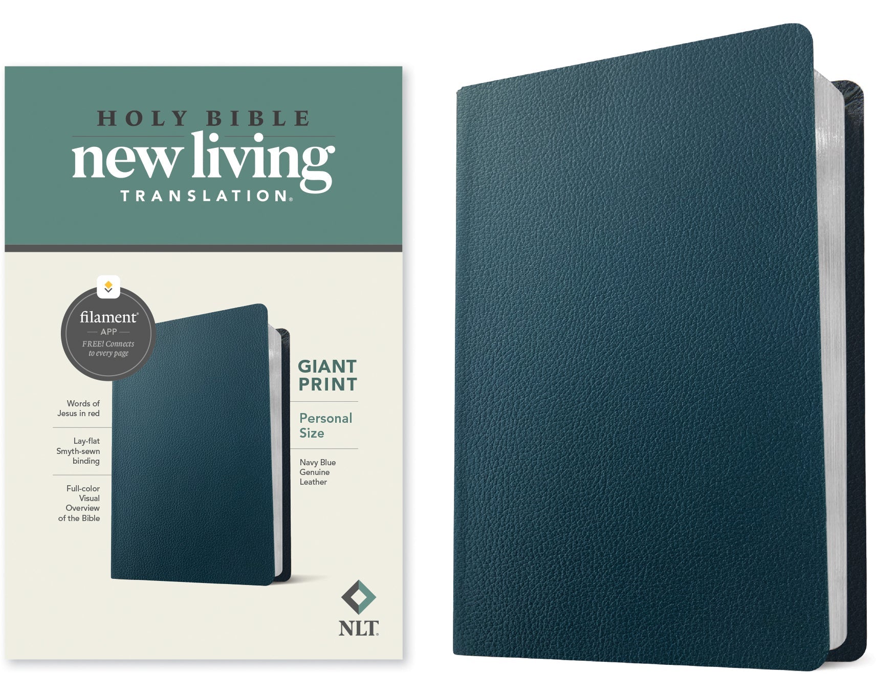 NLT Personal Size Giant Print Bible, Navy Blue cover with red letter edition text for easy reading
