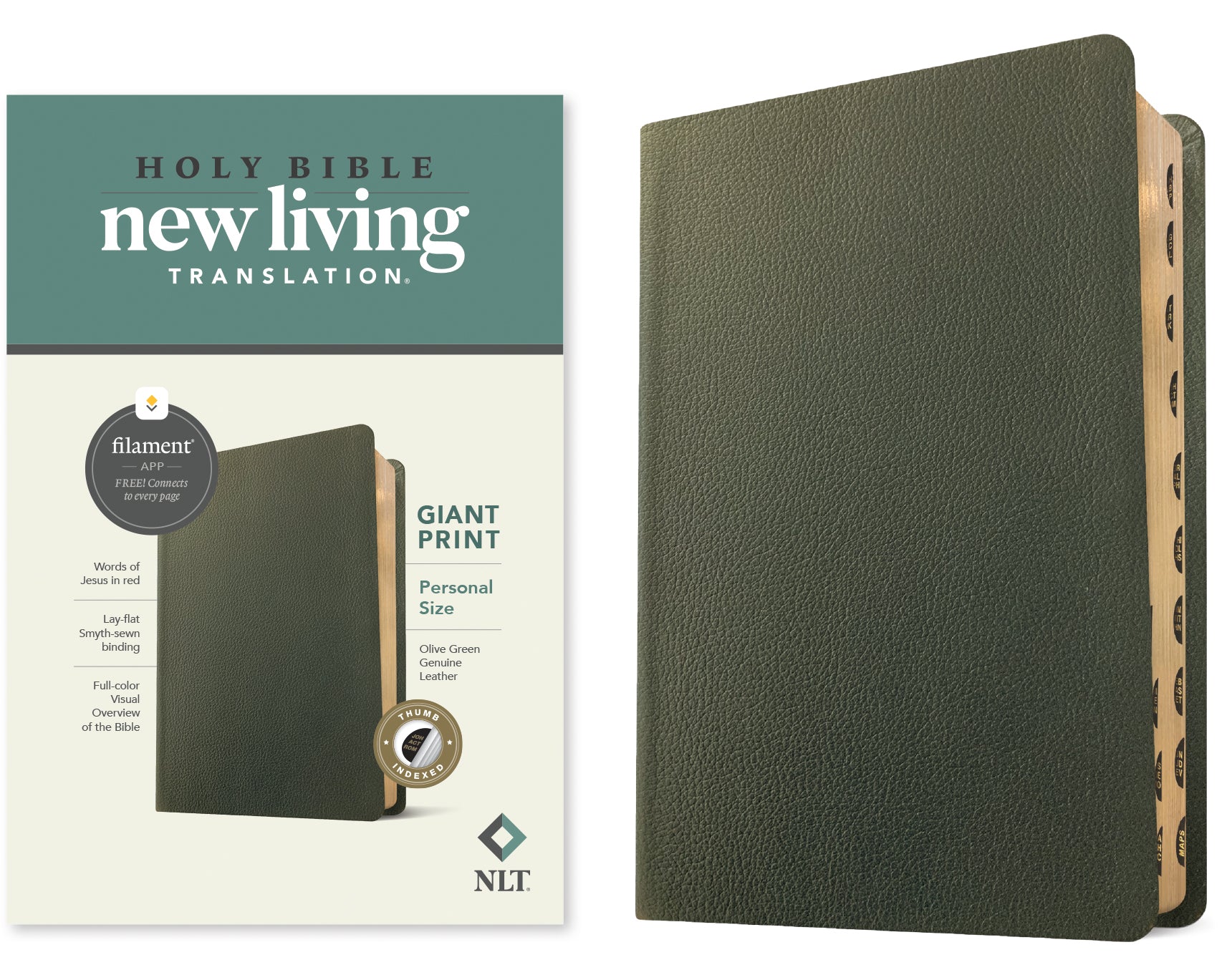 NLT Olive Green Indexed Giant Print Bible with filament enabled and red letter edition