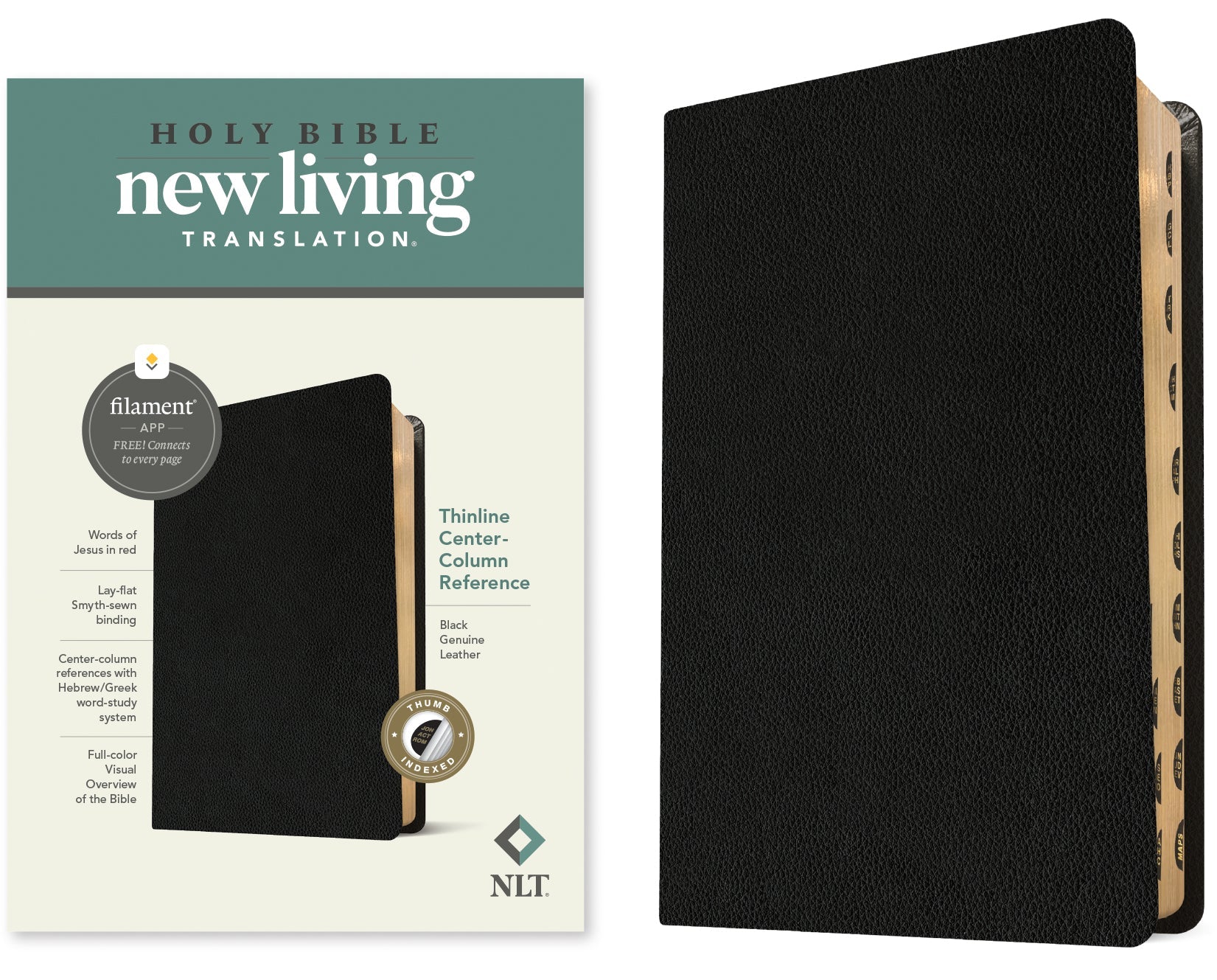 NLT Thinline Reference Bible, Filament-Enabled Edition, Black Indexed, with center-column study notes and red letter text