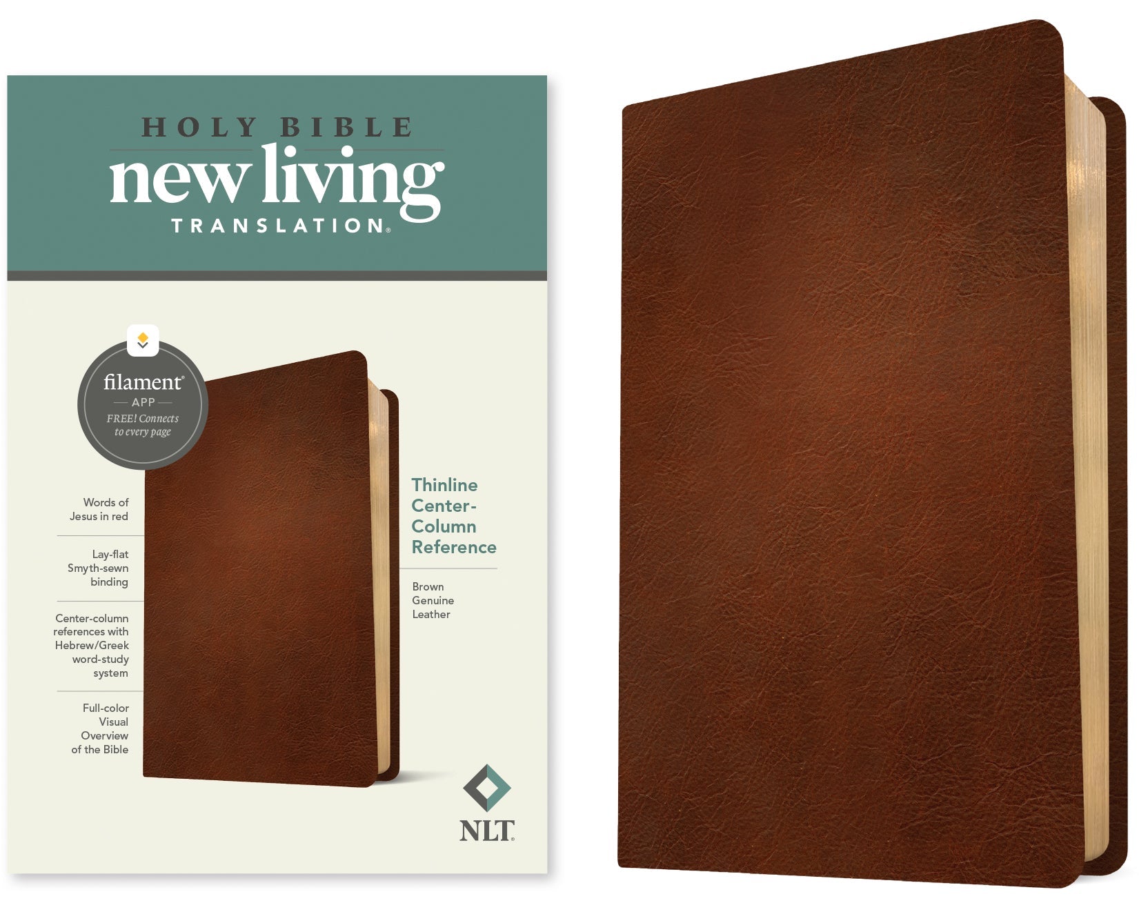 Brown NLT Thinline Reference Bible with Red Letter Edition and filament-enabled design.