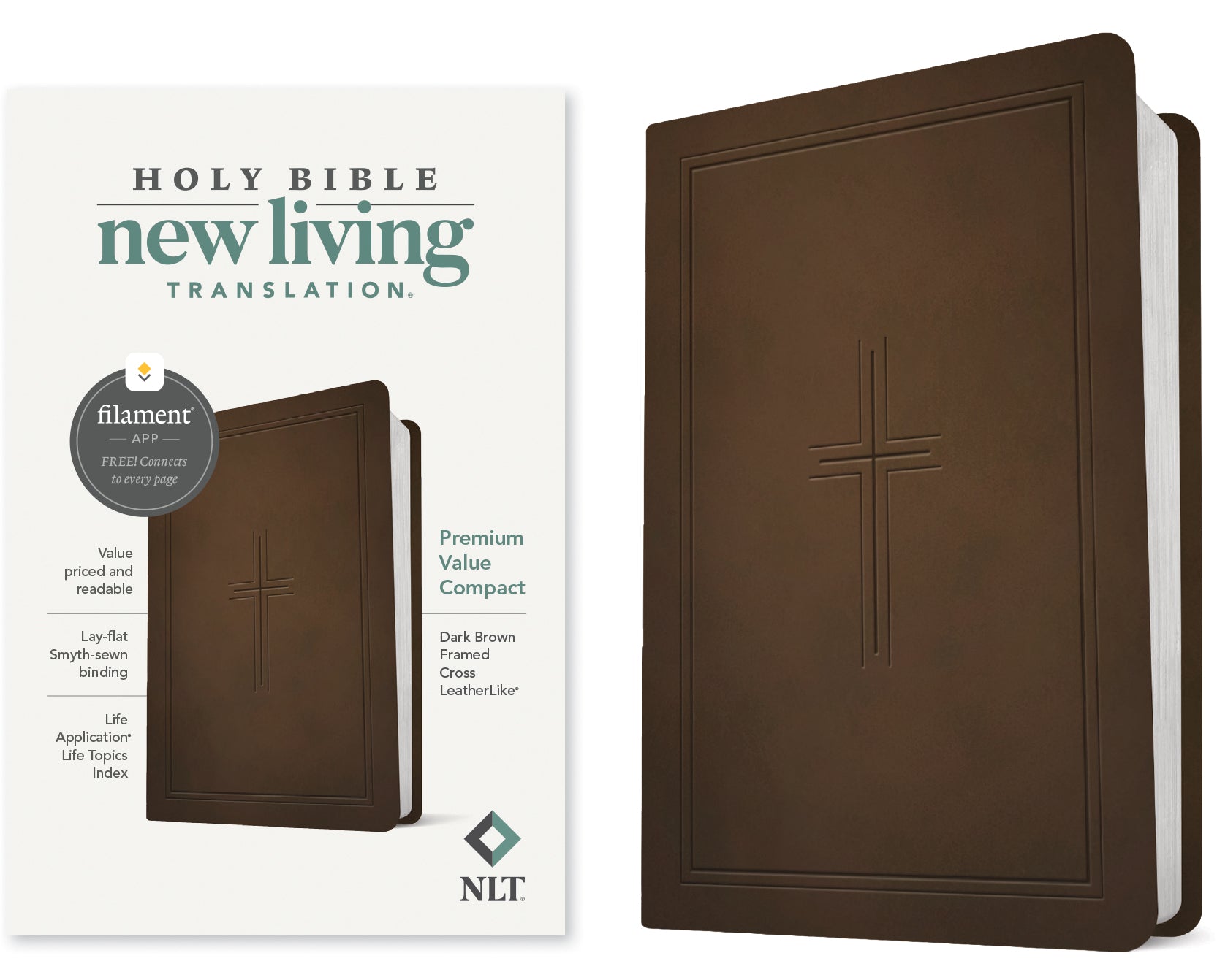 Close-up of compact NLT Bible with filament enabled, dark brown framed cross design.