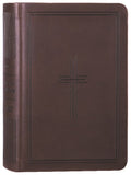 Compact NLT Bible with filament enabled, dark brown framed cross design.
