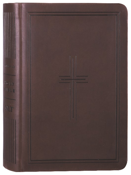 Compact NLT Bible with filament enabled, dark brown framed cross design.