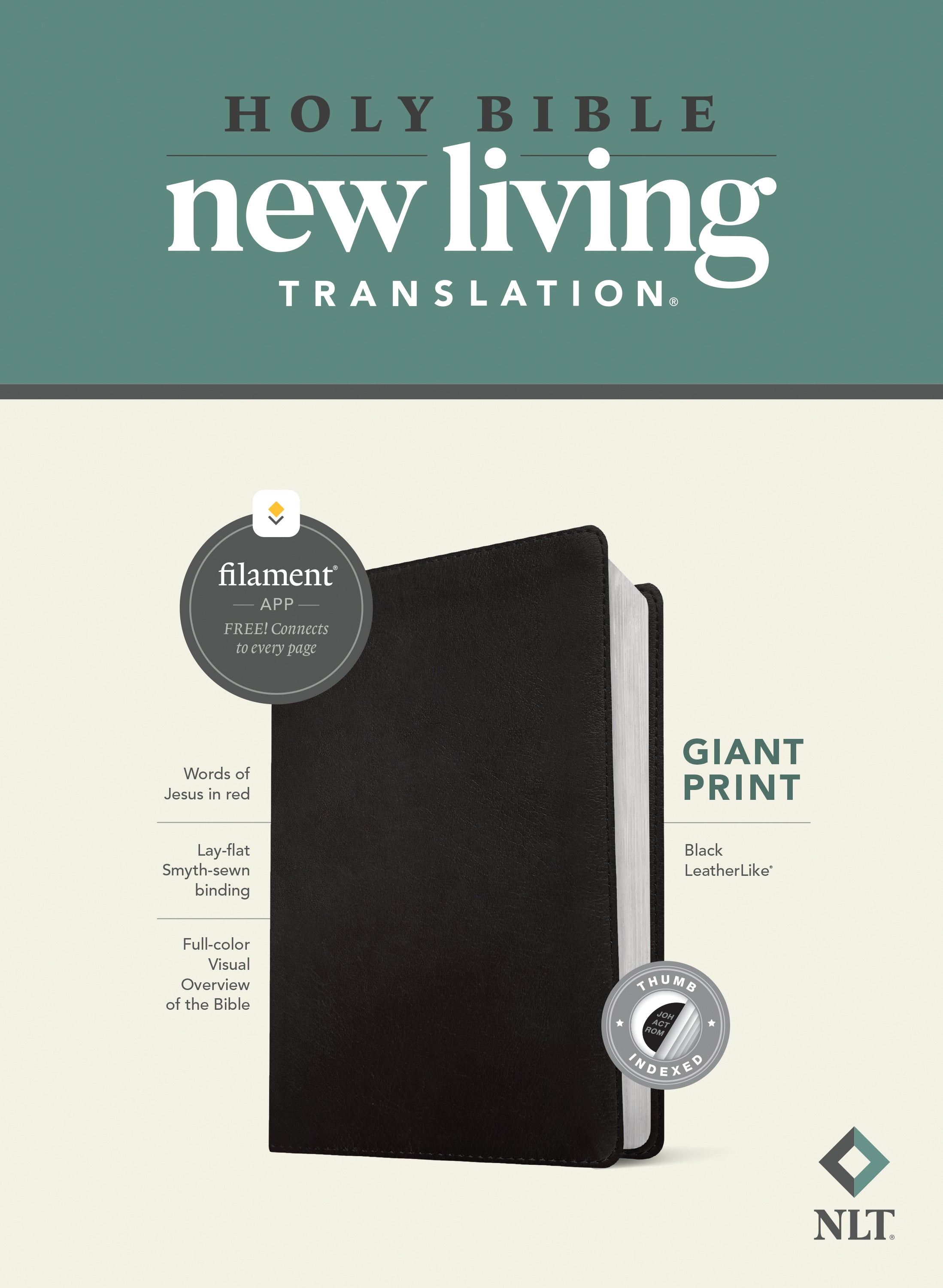 Giant Print NLT Bible with Filament-Enabled Edition, Black LeatherLike cover, Indexed, Red Letter