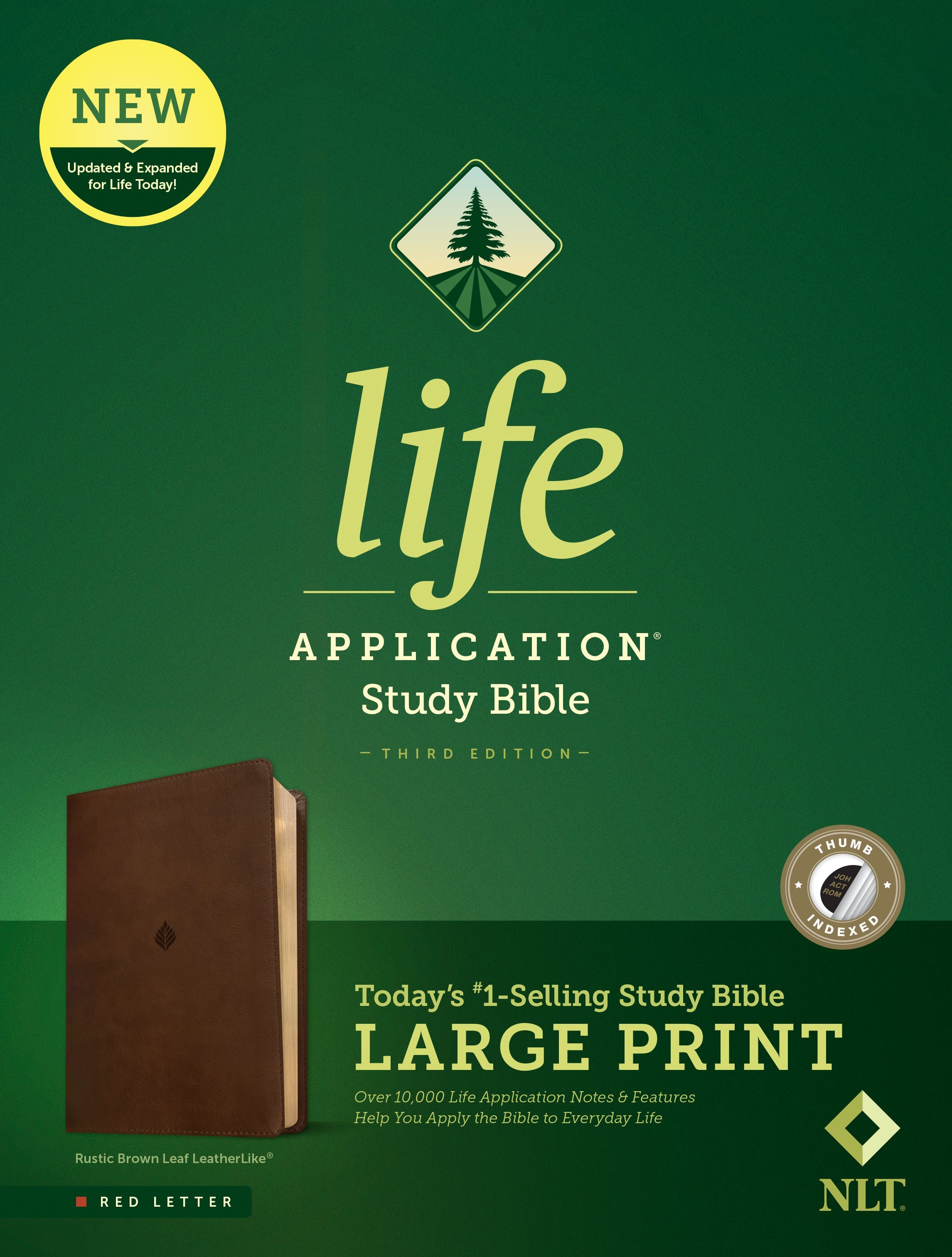 NLT Life Application Study Bible Third Edition Large Print Bible with Rustic Brown Leaf Cover and Red Letter Text