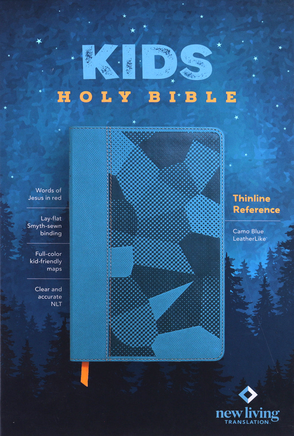 Front cover of Camo Blue NLT Kids Bible with Red Letter Edition and Thinline Reference features