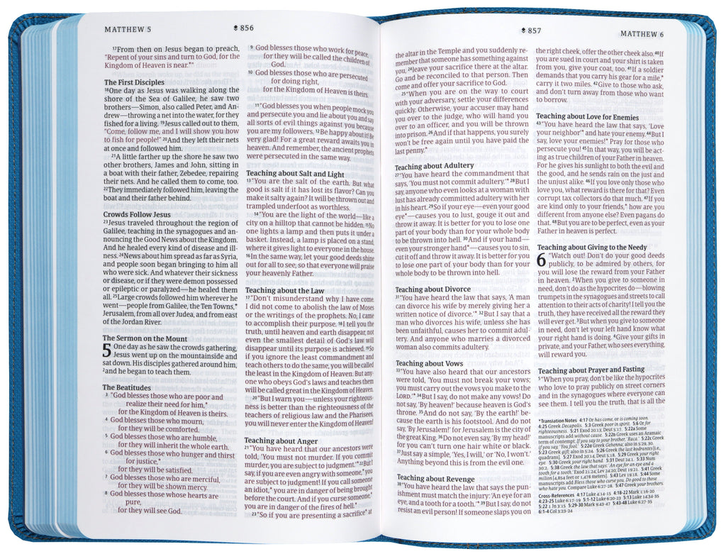Side view of Camo Blue NLT Kids Bible with Red Letter Edition and Thinline Reference features