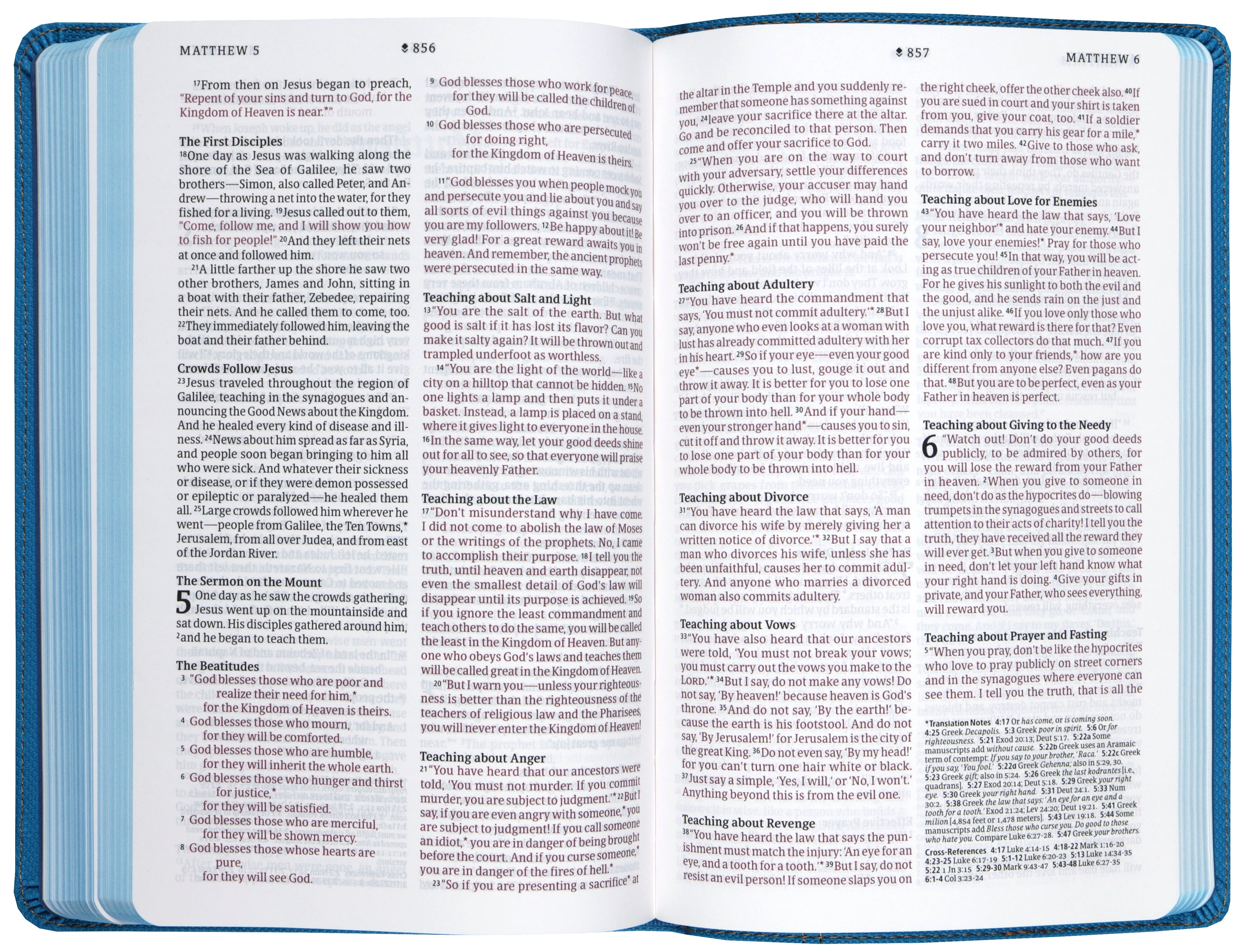 Side view of Camo Blue NLT Kids Bible with Red Letter Edition and Thinline Reference features