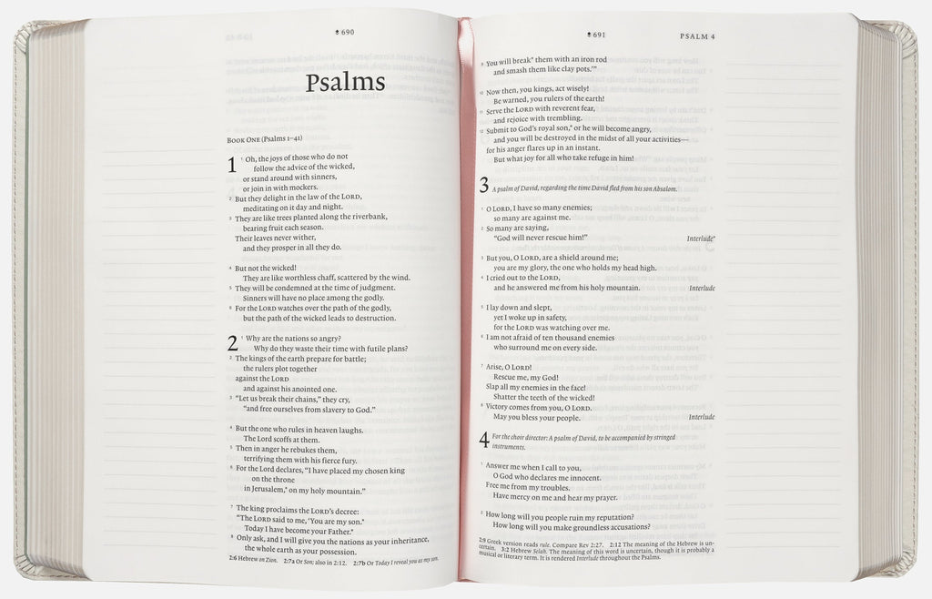 Interior pages of NLT Wide Margin Bible with Filament-Enabled Edition in Dusty Pink Blossoms