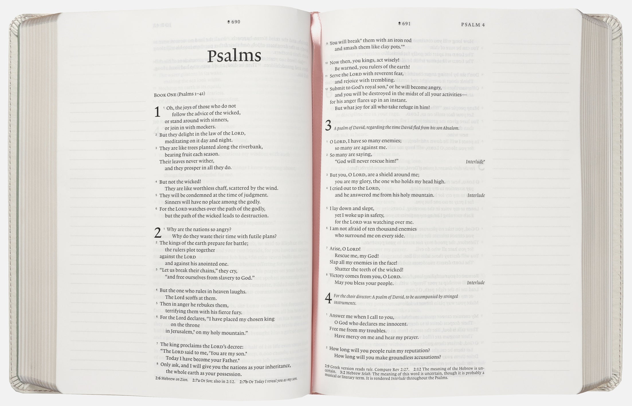 Interior pages of NLT Wide Margin Bible with Filament-Enabled Edition in Dusty Pink Blossoms
