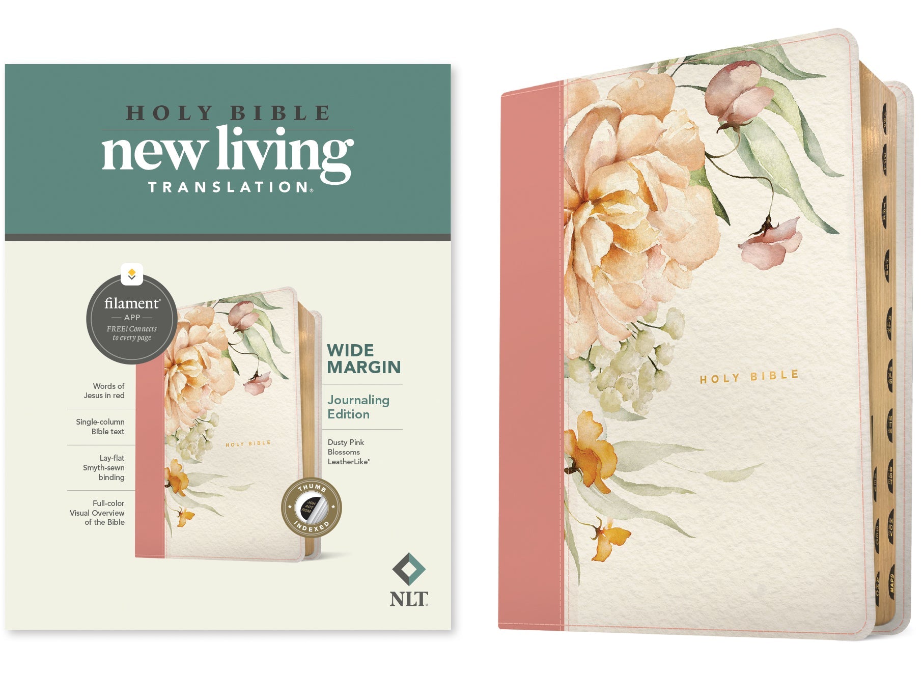 Bible with wide margin notes and filament-enabled features in a dusty pink blossoms cover, indexed edition