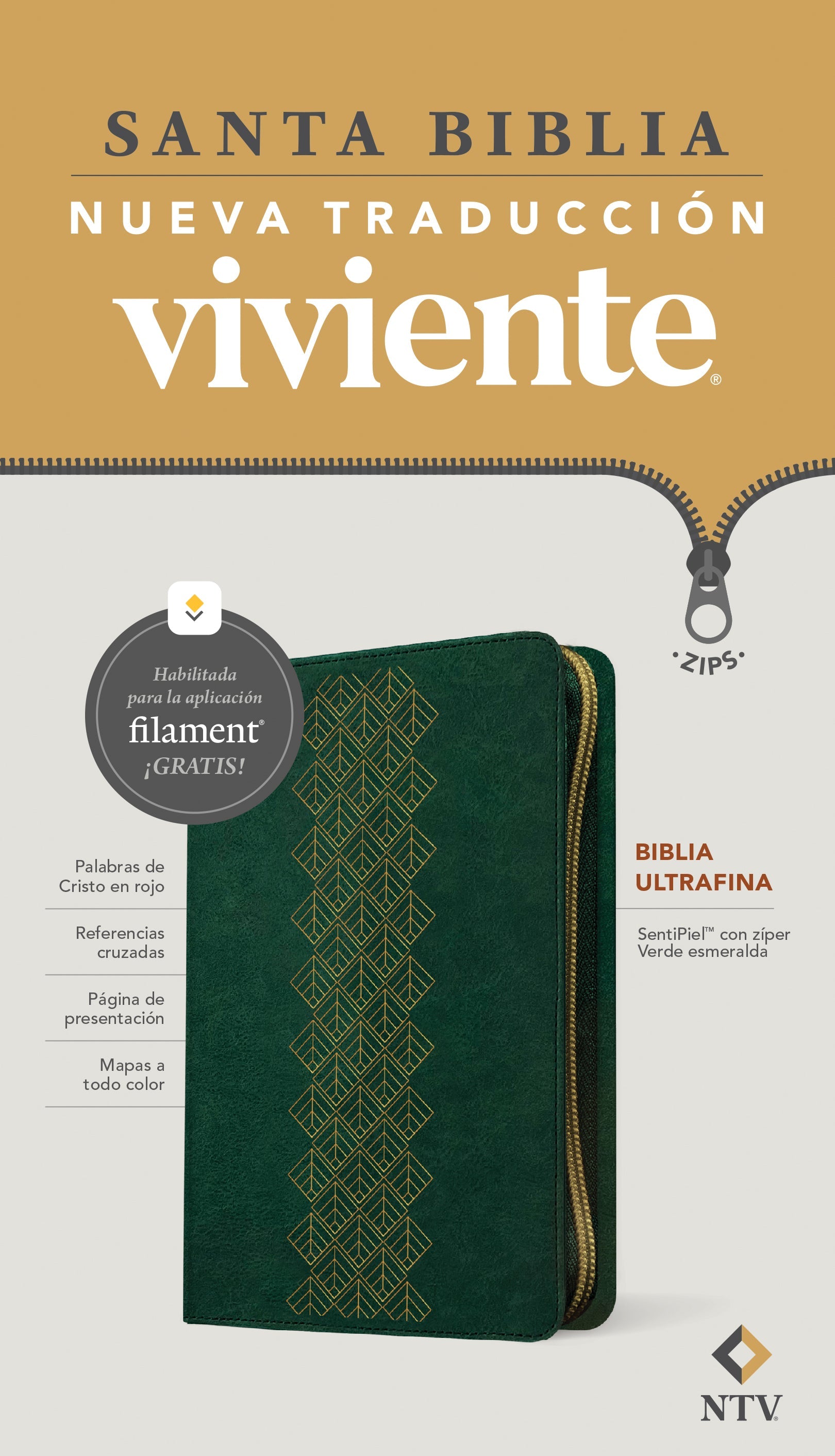 Biblia ultrafina NTV de zíper, con Filament (Verde esmeralda, Letra Roja)(Spanish Edition)