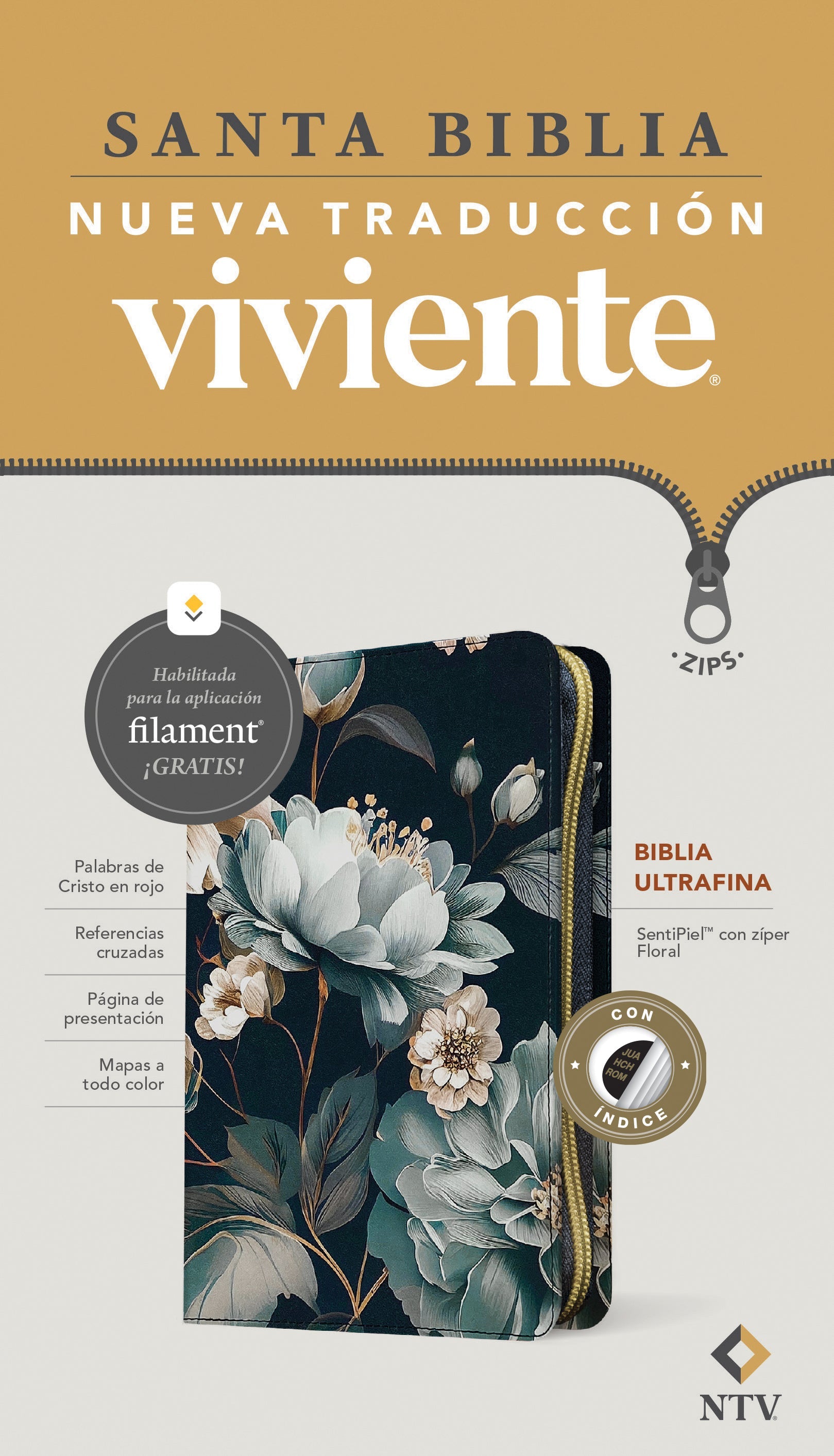 Biblia ultrafina NTV con zíper y Filament floral en español