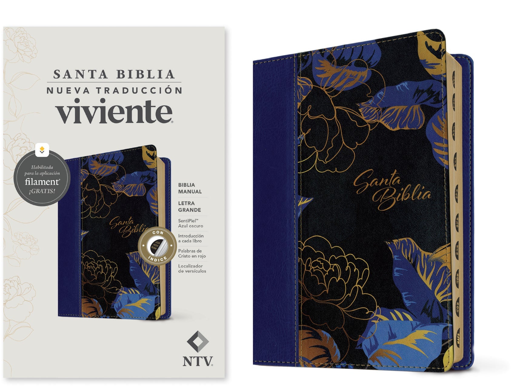 Large print Bible with blue filament and red letter index, Spanish edition
