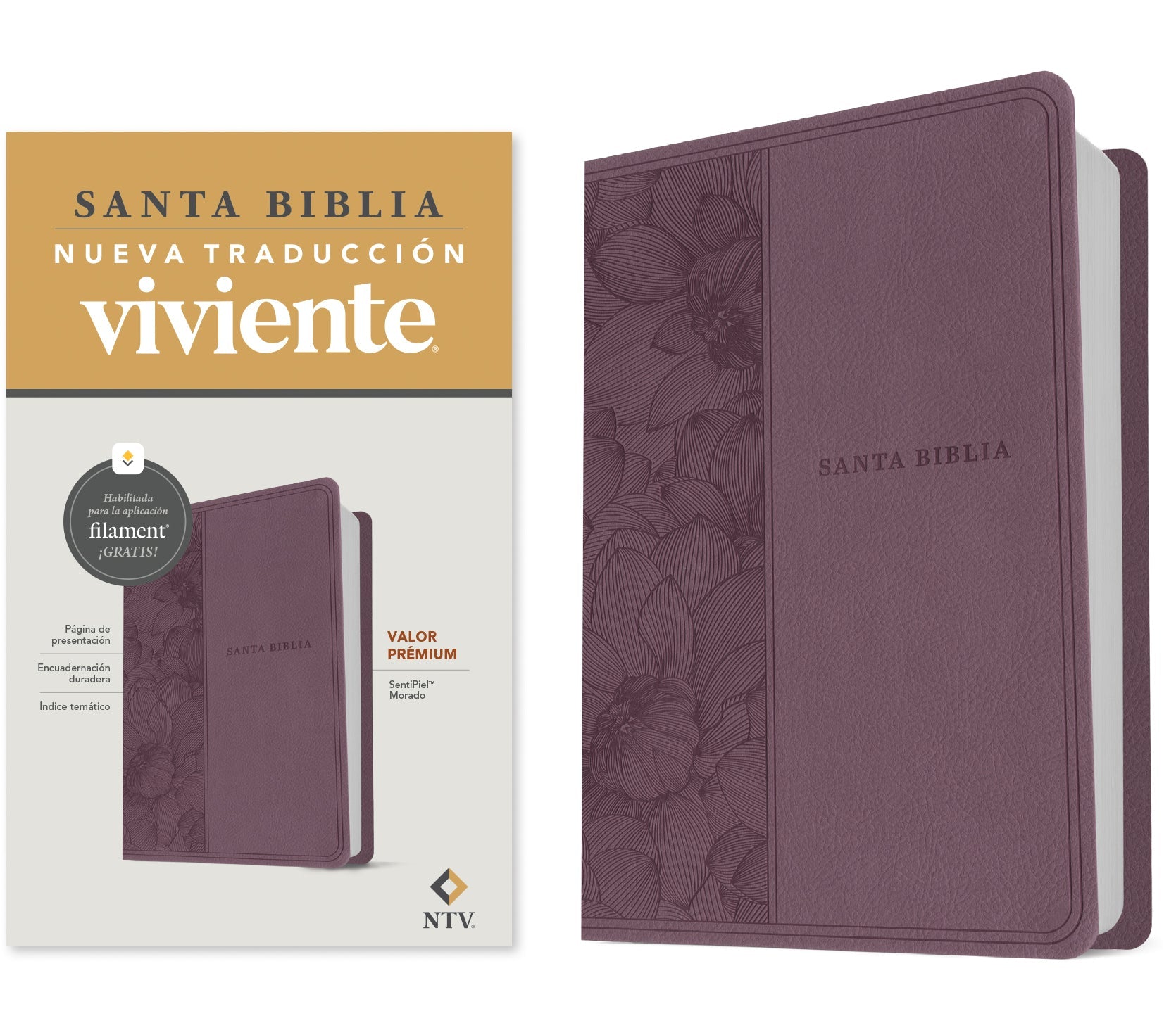 Spanish Edition of the Global Language Bibles, featuring the NTV Premium Value Bible with purple filament-enabled pages