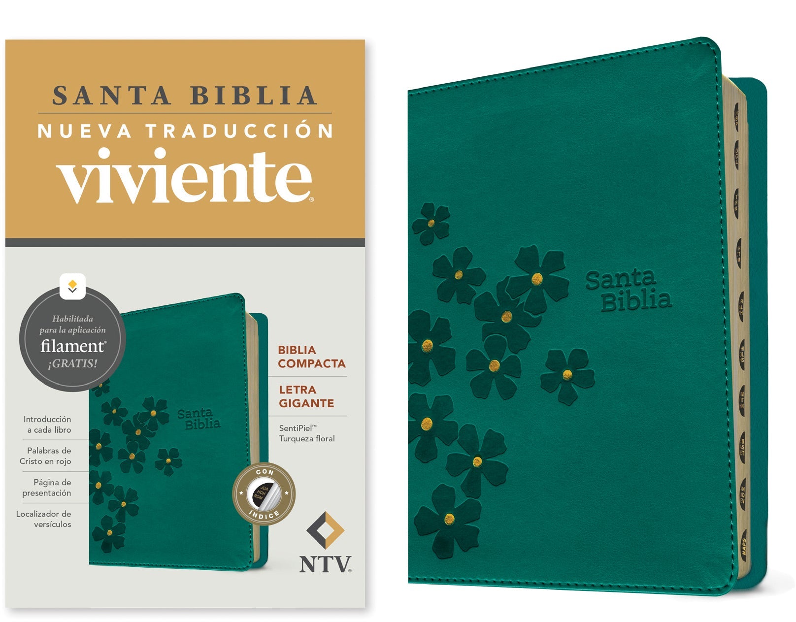 Biblia compacta con letra gigante y diseño floral turquesa. Edición en español.